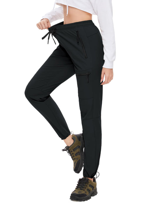 SEVEGO Womens Hiking Pants Tall Inseam 34" Athletic Cargo Pants Lightweight 4 Zipper Pockets Water Resistant Elastic Waist, Black, XS