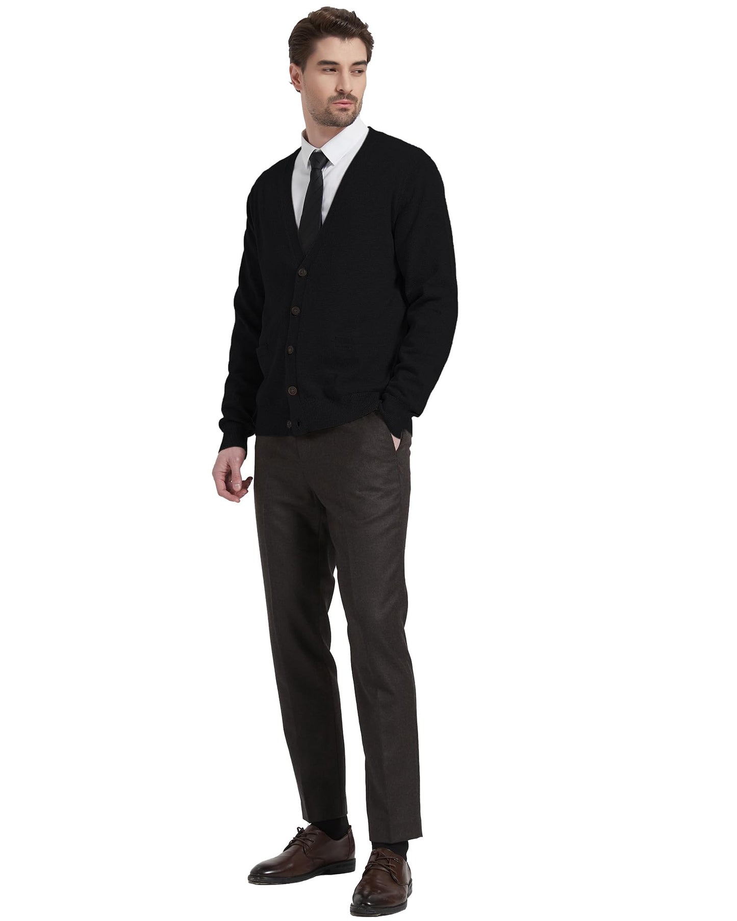 Kallspin Men's Tall Cardigan Sweaters Wool Blend V Neck Button Down Sweaters with Pockets(Black, L-Tall)