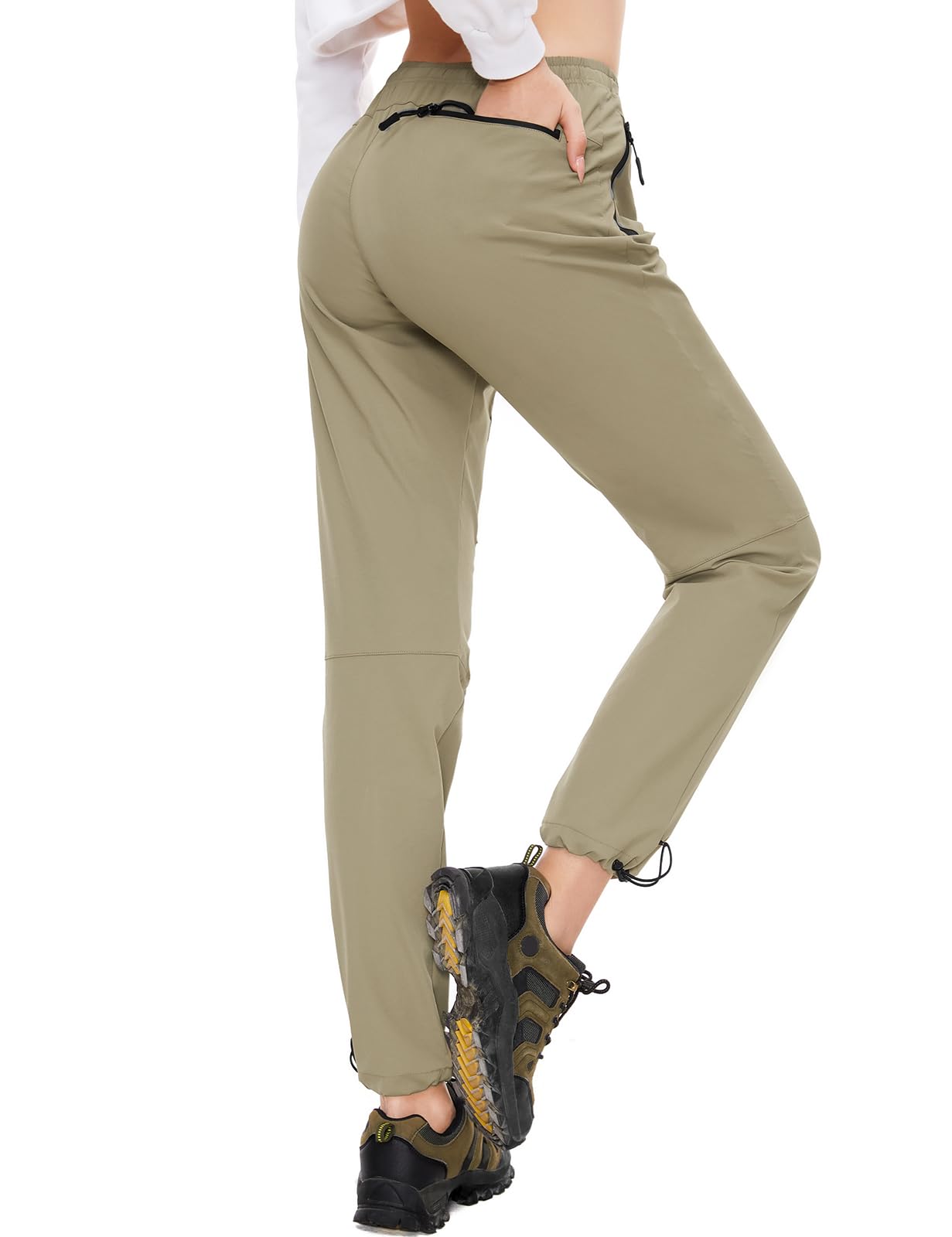 SEVEGO Womens Hiking Pants Tall Inseam 36" Athletic Cargo Pants Lightweight 4 Zipper Pockets Water Resistant Elastic Waist, Khaki, XS