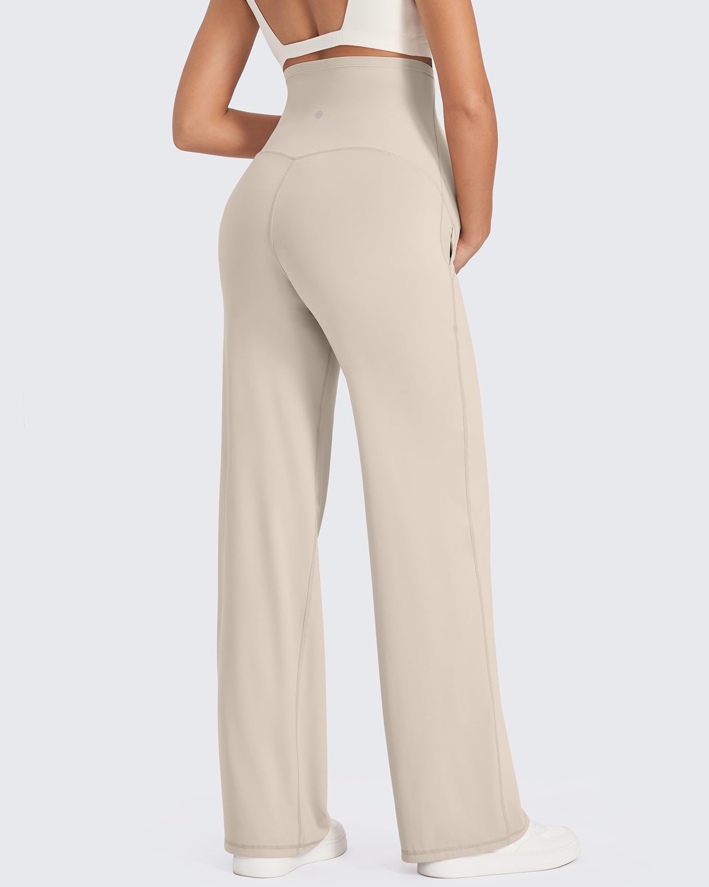G4Free Maternity Clothes Wide Leg Outfits Pregnancy Dress Work Pants High Waist Yoga Pants with Pockets Winter Trousers(Light Khaki,L,32")