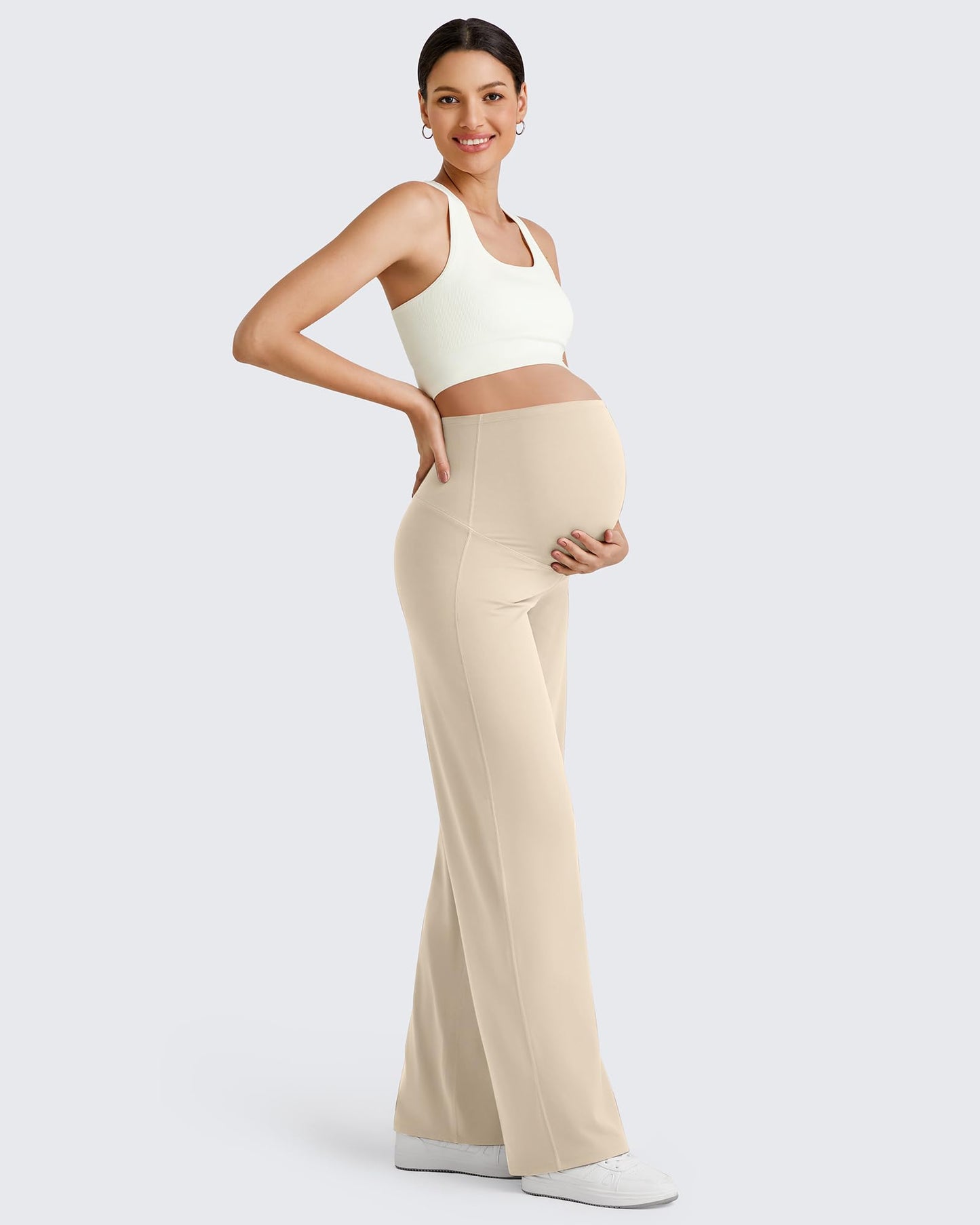 G4Free Maternity Yoga Pants Over The Belly Strechy Pregnancy Dress Pants Wide Leg Yoga Workout Casual Lounge Slacks (Light Khaki,XXL,32")