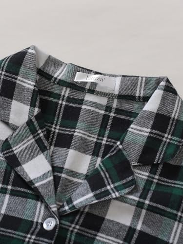 Latuza Women's Tall Flannel Pajama Set Extra Long Button Up Top Pants Pj Set XL Black Green