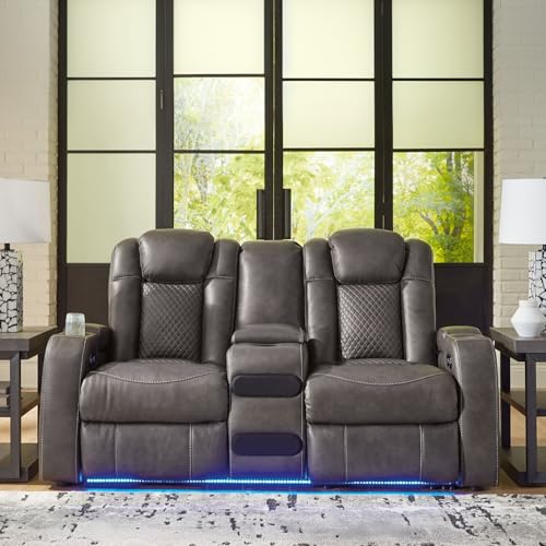 Signature Design by Ashley Fyne-Dyme Contemporary Power Reclining Loveseat with Console, USB Charging Ports and Adjustable Headrest, Gray
