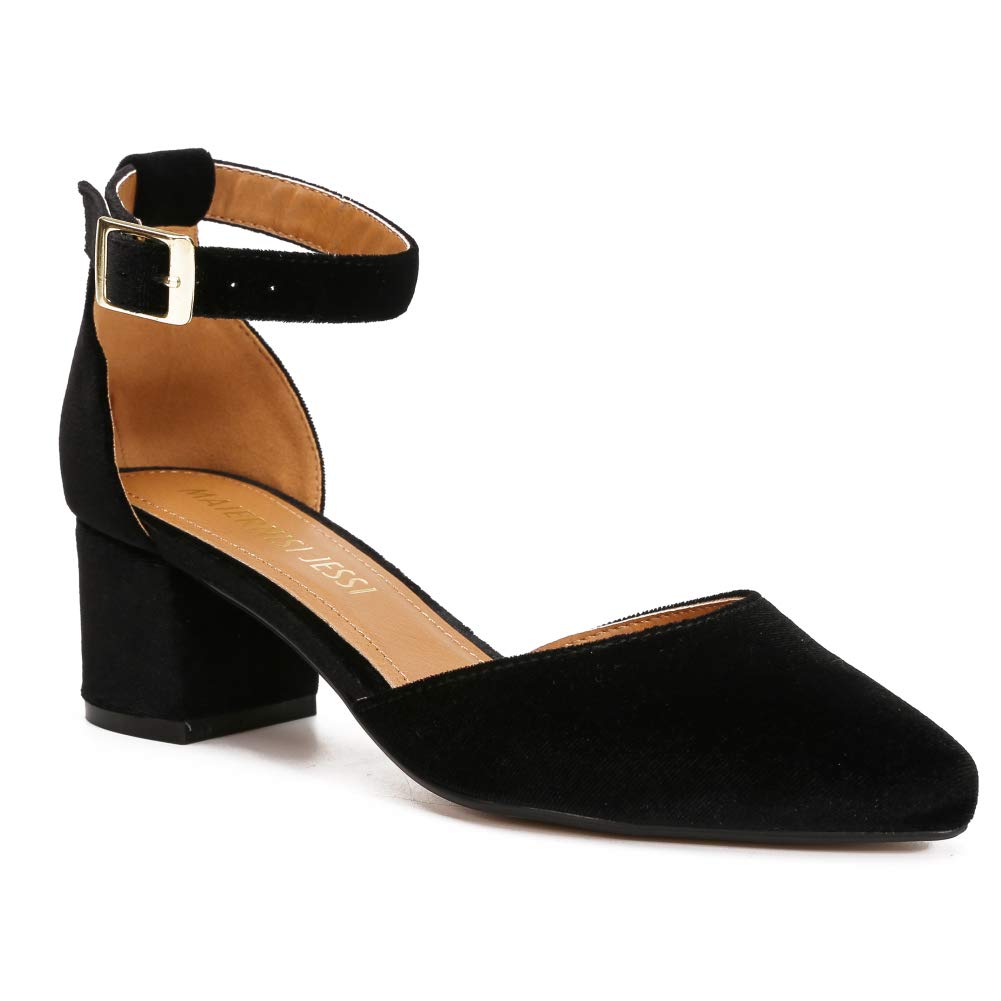 MAIERNISI JESSI Unisex Men's Women's Pumps Ankle Strap D-Orsay Pointed Toe Chunky Heel Velvet Black EU47 - US 15 Women/13.5 Men