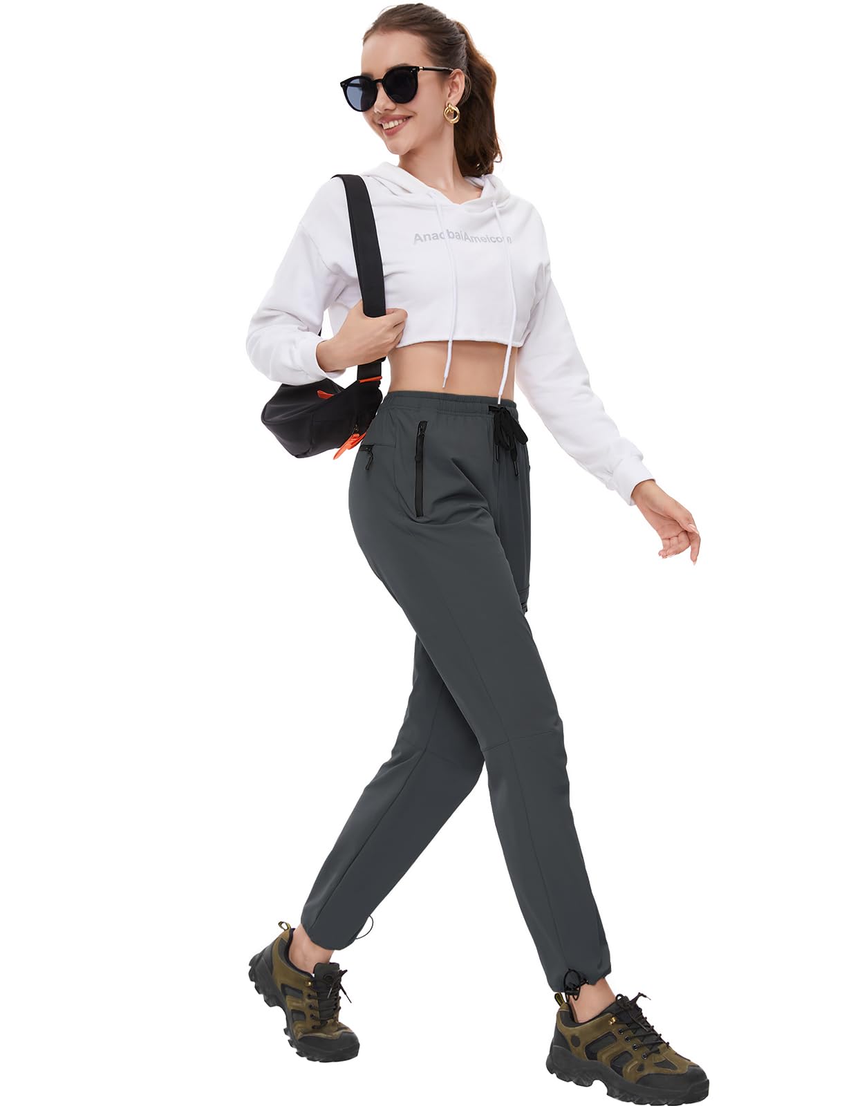SEVEGO Womens Hiking Pants Tall Inseam 36" Athletic Cargo Pants Lightweight 4 Zipper Pockets Water Resistant Elastic Waist, Gray, M
