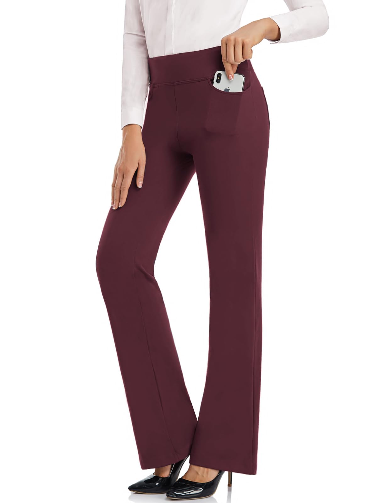 SEVEGO Women's Bootcut Yoga Dress Pants High Waist Stretch Work Pants with Pockets, 33" Burgundy, XXL