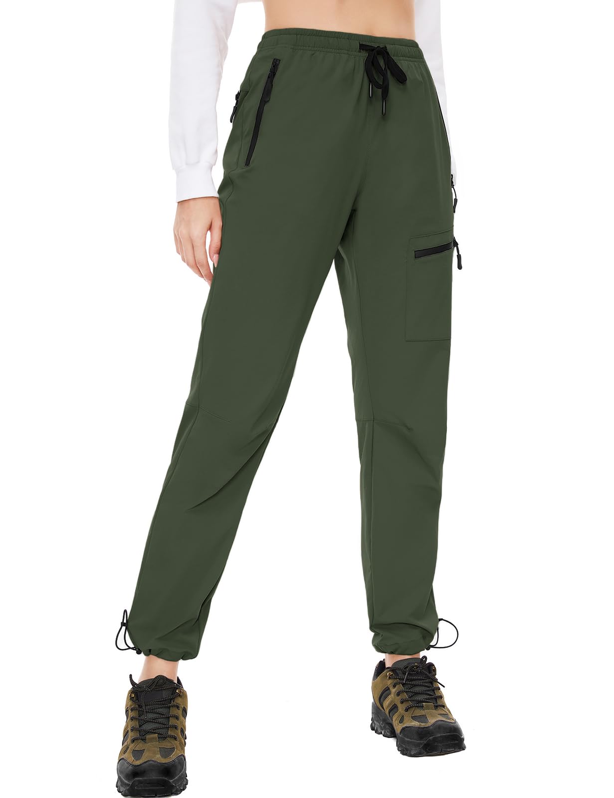SEVEGO Womens Hiking Pants Tall Inseam 36" Athletic Cargo Pants Lightweight 4 Zipper Pockets Water Resistant Elastic Waist, Green, M