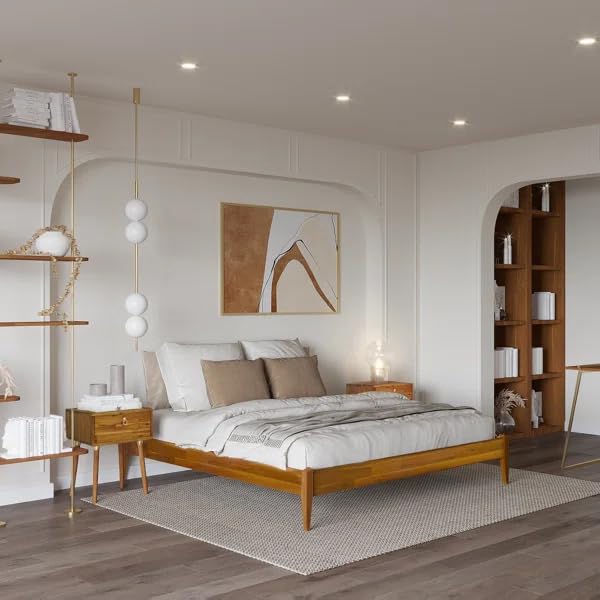 Bme Dinkee King Bed Frame Wood 15 Inch - Solid Wood Platform Bed Frame - Japanese Joinery Bed - Modern & Minimalist Style - Wood Slat Support - Easy Assembly - No Box Spring Needed - Caramel