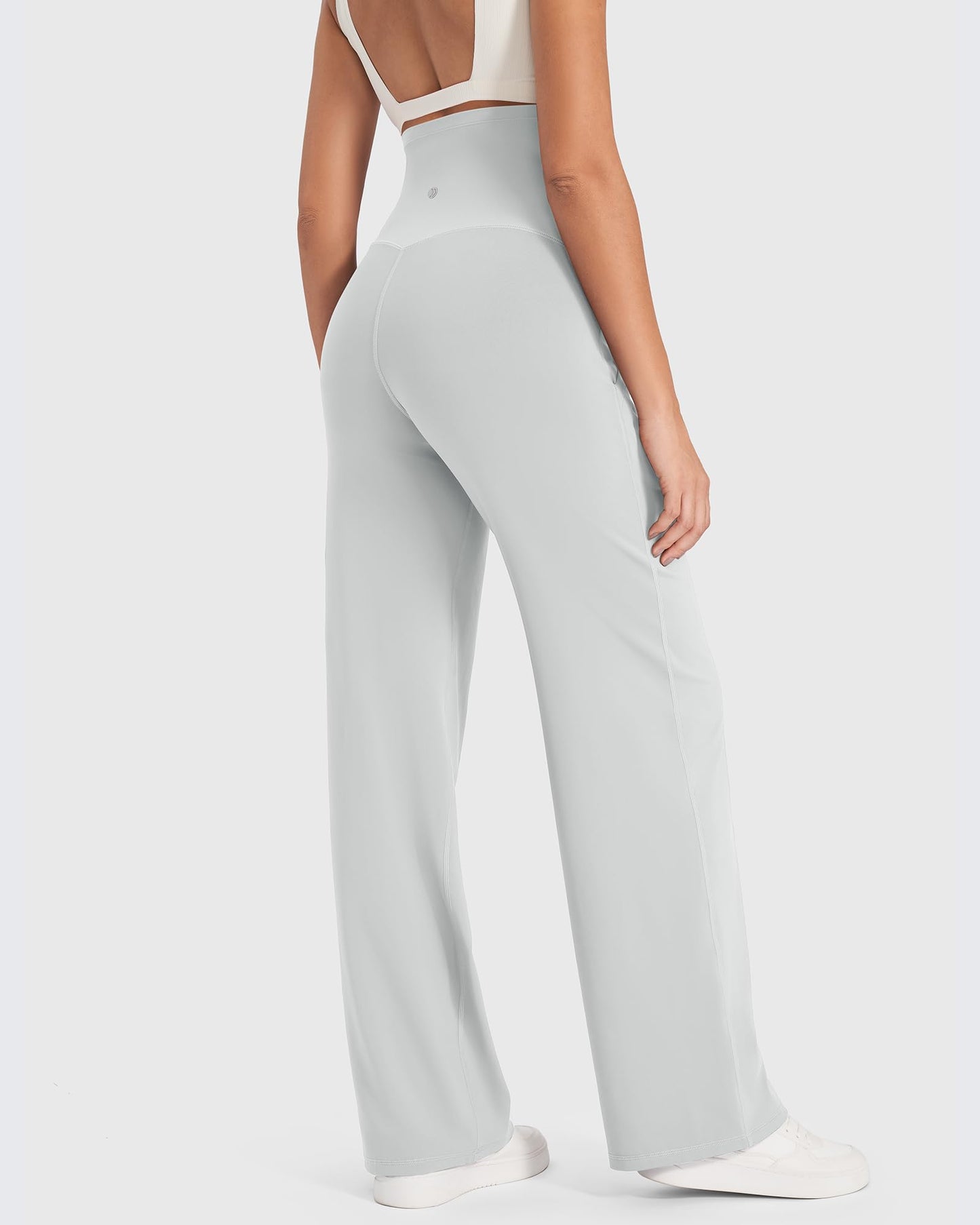 G4Free Maternity Pants for Work High Waist Straight Palazzo Pants with Pockets for Athletic Yoga (Light Gray,XL,32")