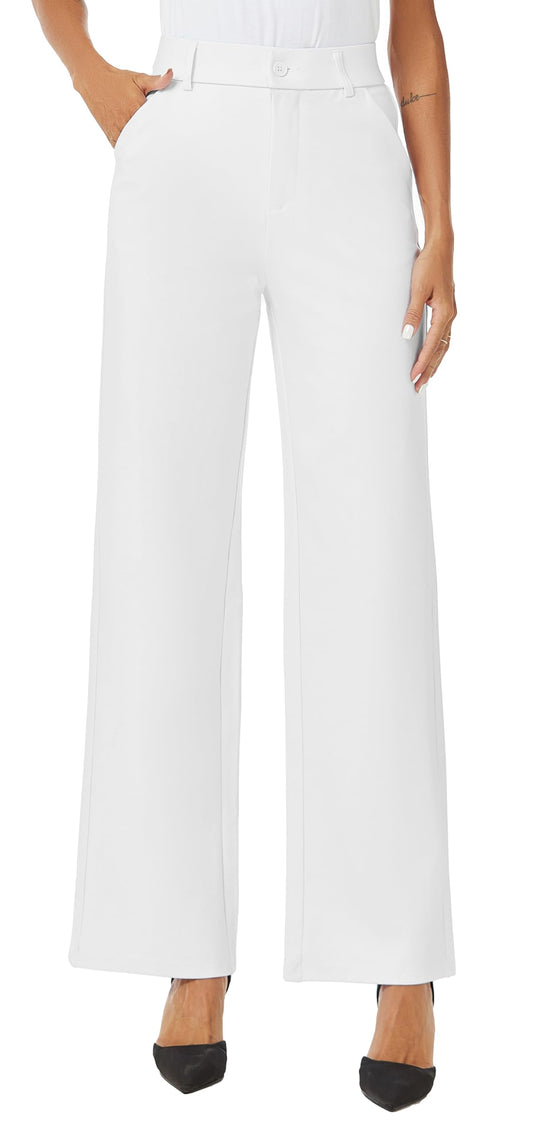 iChosy Womens High Waist Wide Straight Leg Trousers Casual Slacks Dress Pants with Pockets White 10 Tall