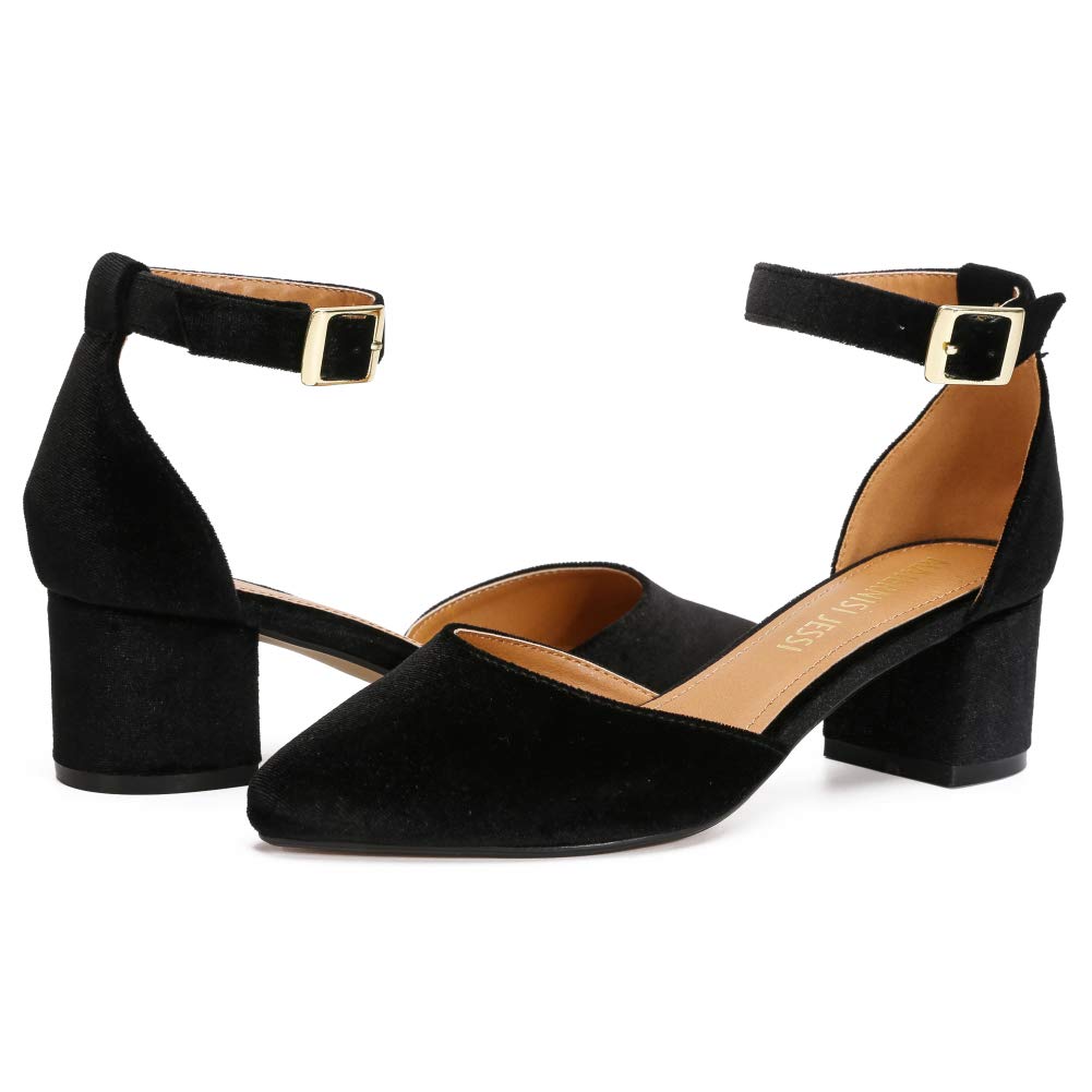 MAIERNISI JESSI Unisex Men's Women's Pumps Ankle Strap D-Orsay Pointed Toe Chunky Heel Velvet Black EU46 - US 14 Women/12.5 Men