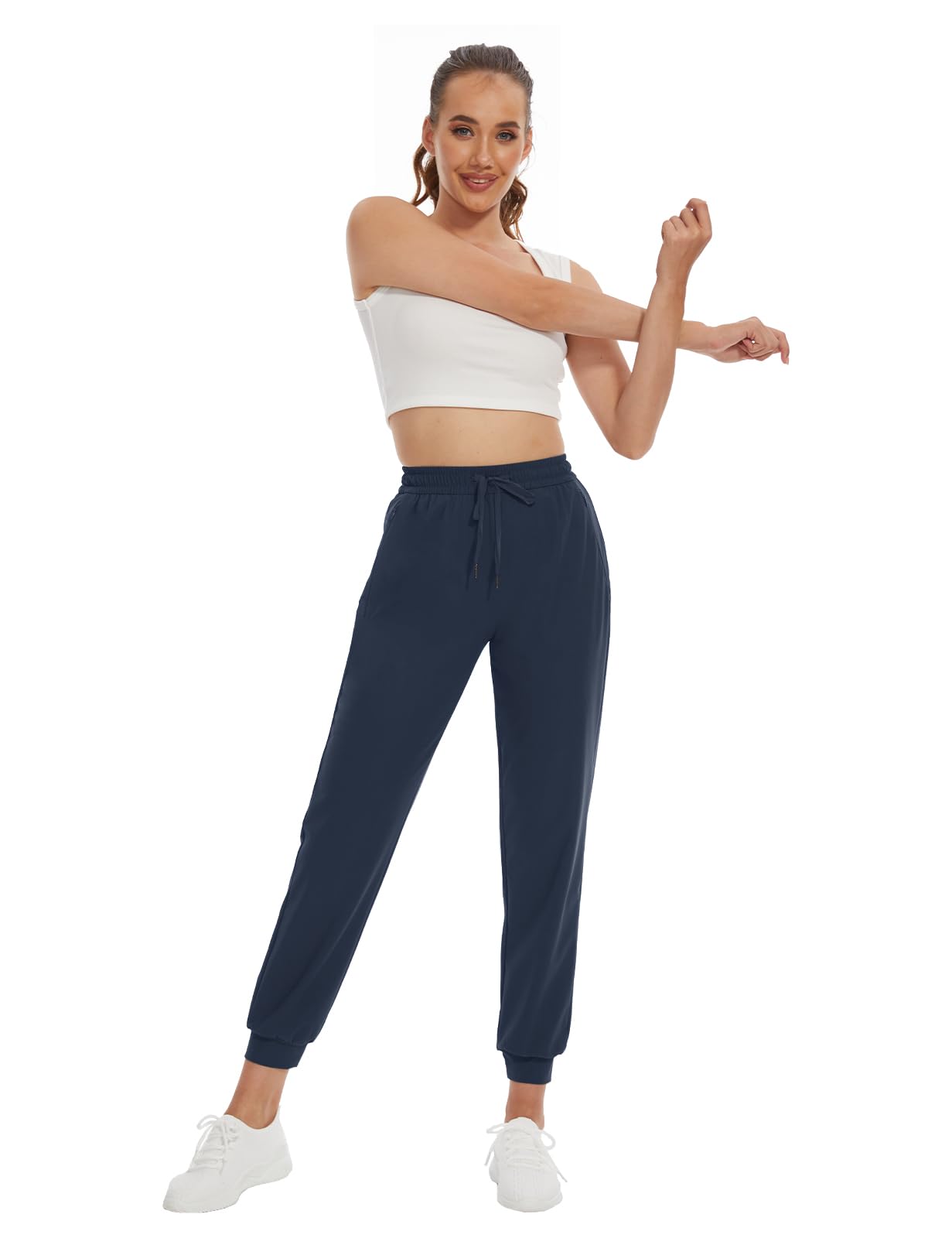 SEVEGO Women 34" Tall Inseam Joggers Lightweight Sweatpants Zipper Pockets Athletic Workout Lounge Pants Navy Blue, XXL