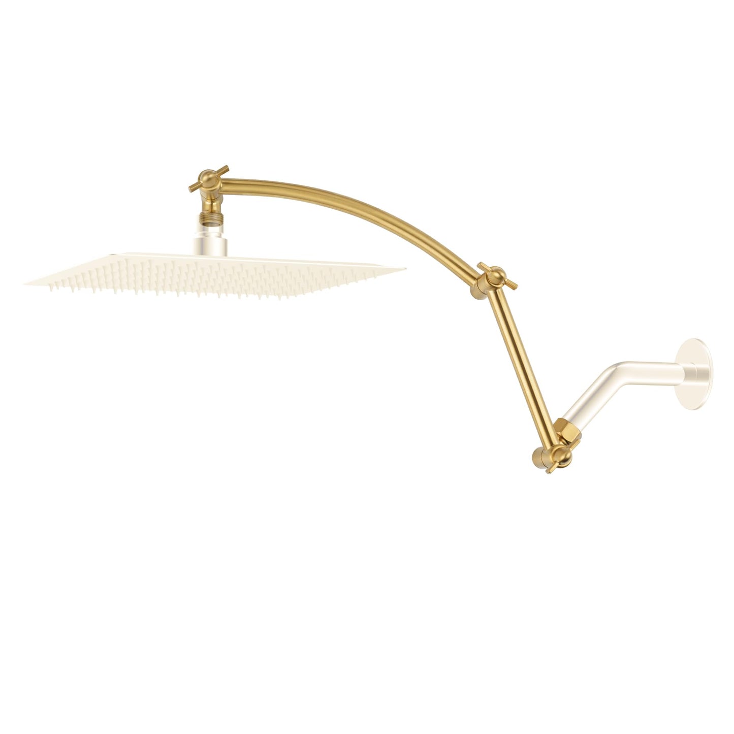 Hibbent Shower Head Extension Arm,16" Solid Brass Adjustable Extender with Lock Joint, Standard 1/2", Rise or Lower Rainfall and Fixed Shower Head, Height/Angle Adjustable Extension Arm, Brushed Brass