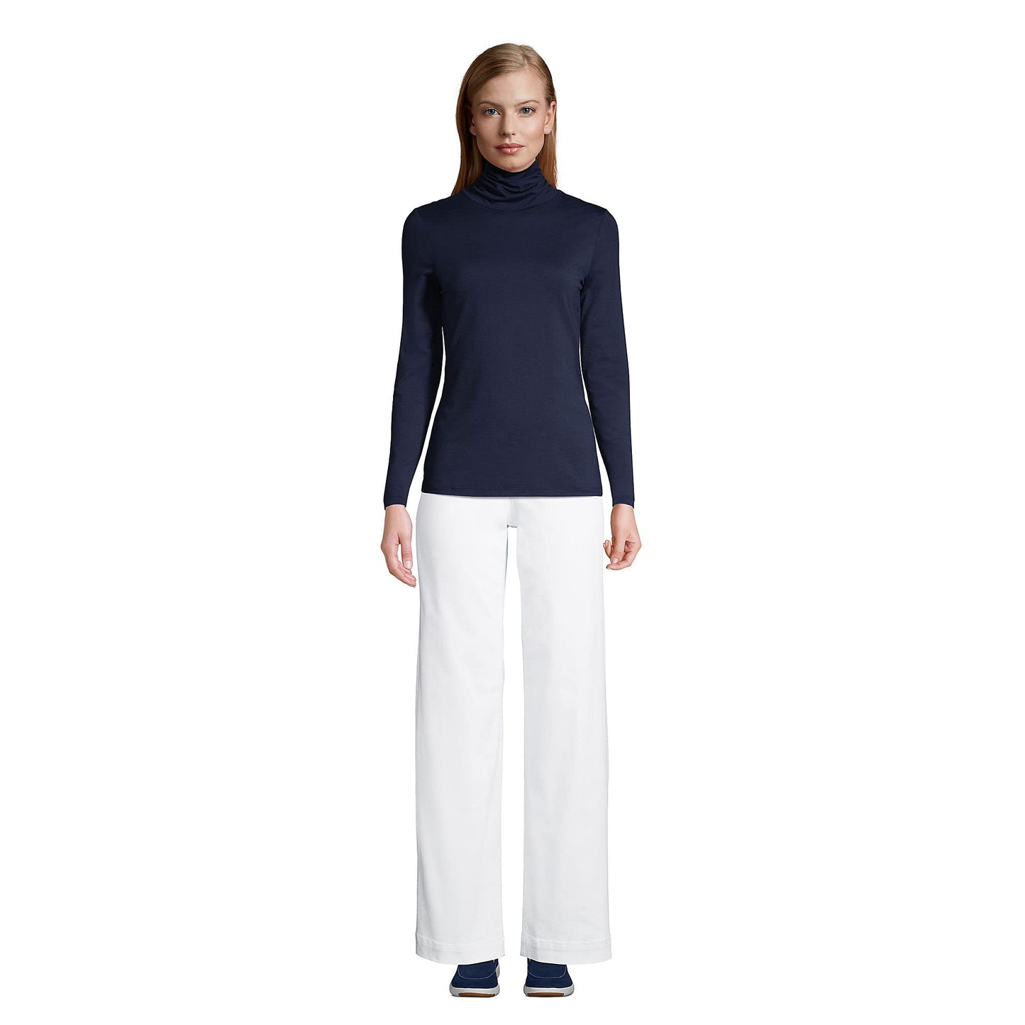 Lands' End Womens Long Sleeve Shaped LWCM Turtleneck Radiant Navy Tall Medium