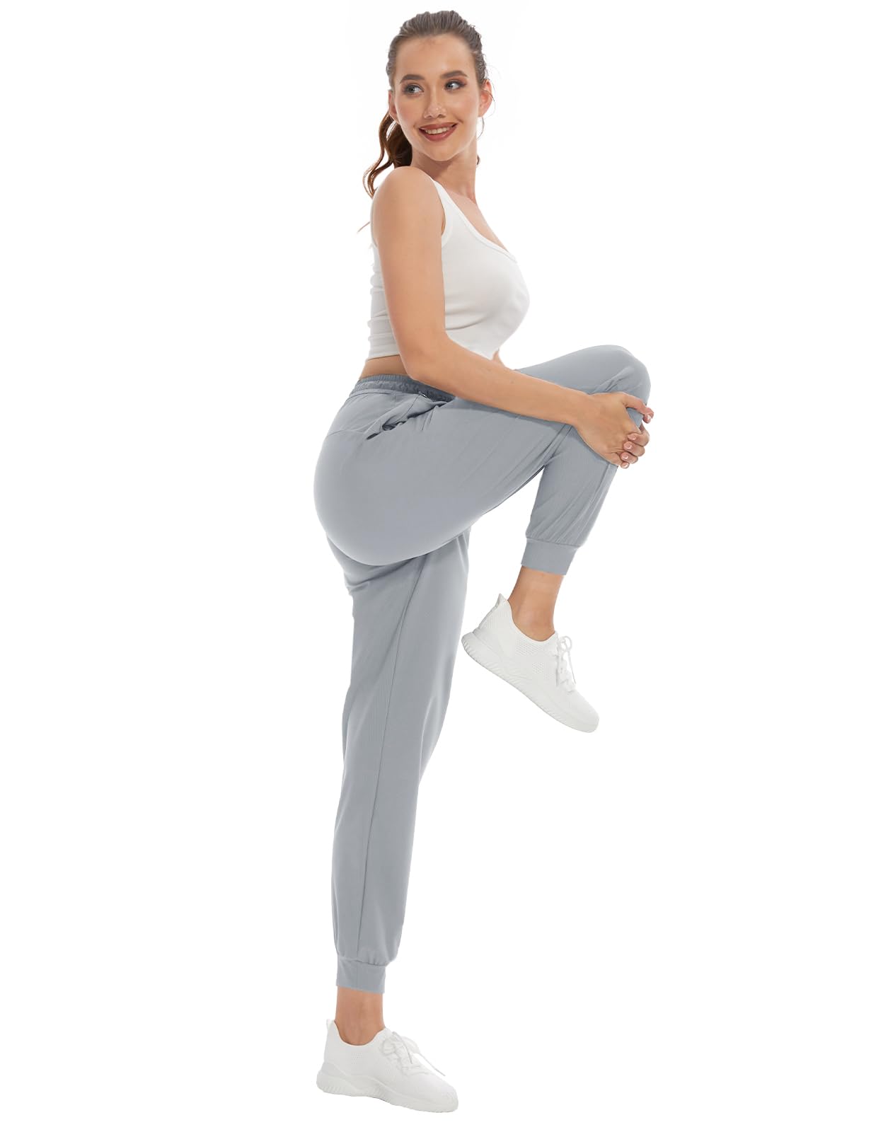 SEVEGO Women 34" Tall Inseam Joggers Lightweight Sweatpants Zipper Pockets Athletic Workout Lounge Pants Light Gray, XL