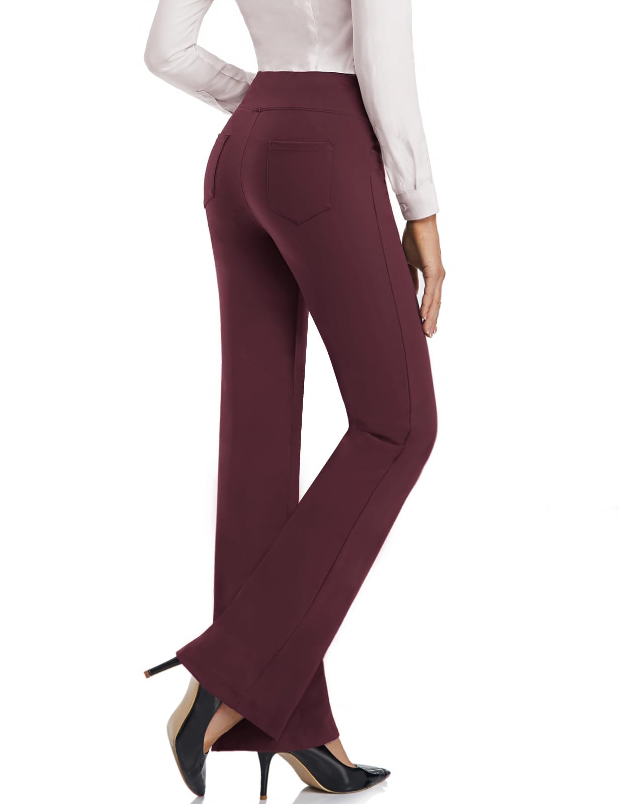 SEVEGO Women's Bootcut Yoga Dress Pants High Waist Stretch Work Pants with Pockets, 35" Burgundy, M