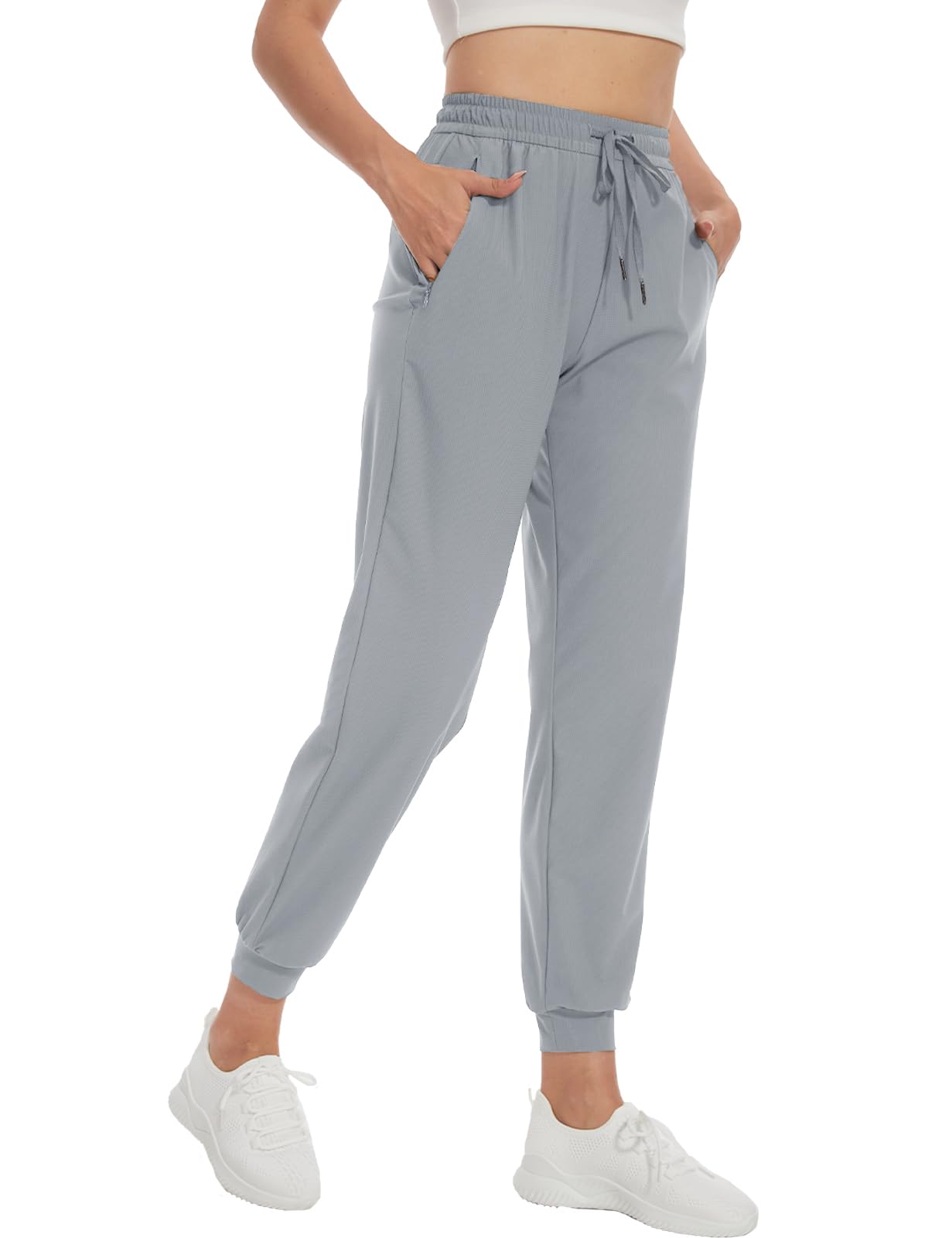 SEVEGO Women 34" Tall Inseam Joggers Lightweight Sweatpants Zipper Pockets Athletic Workout Lounge Pants Light Gray, XL