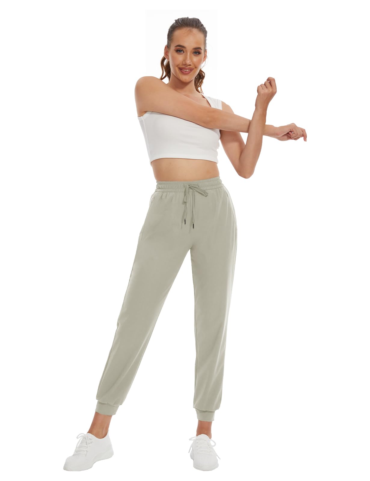SEVEGO Women's 34" Tall Inseam Joggers Lightweight Sweatpants Zipper Pockets Athletic Workout Lounge Pants Khaki, S