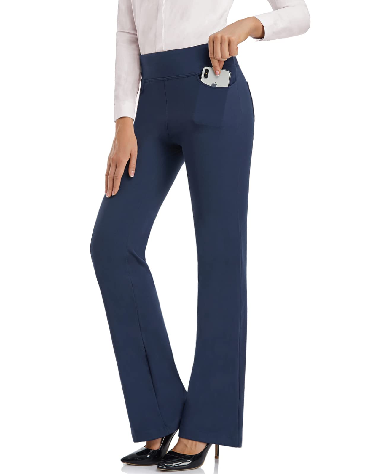 SEVEGO Women's Bootcut Yoga Dress Pants High Waist Stretch Work Pants with Pockets, 35" Deep Blue, L