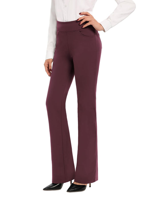 SEVEGO Women's Bootcut Yoga Dress Pants High Waist Stretch Work Pants with Pockets, 35" Burgundy, L