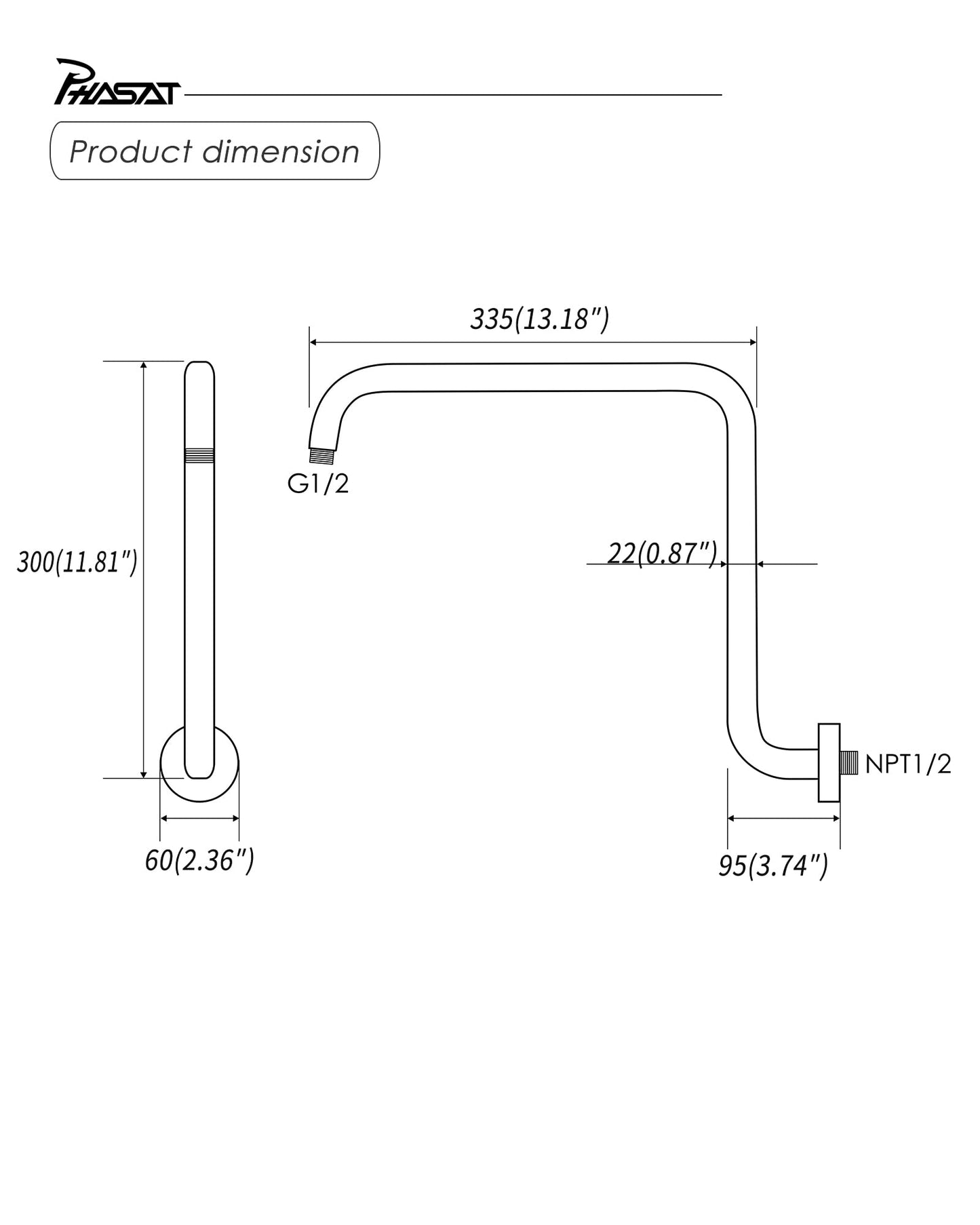 PHASAT S Shaped Shower Arm with Flange,High Rise Shower Head Extension Arm Chrome,PU9D02