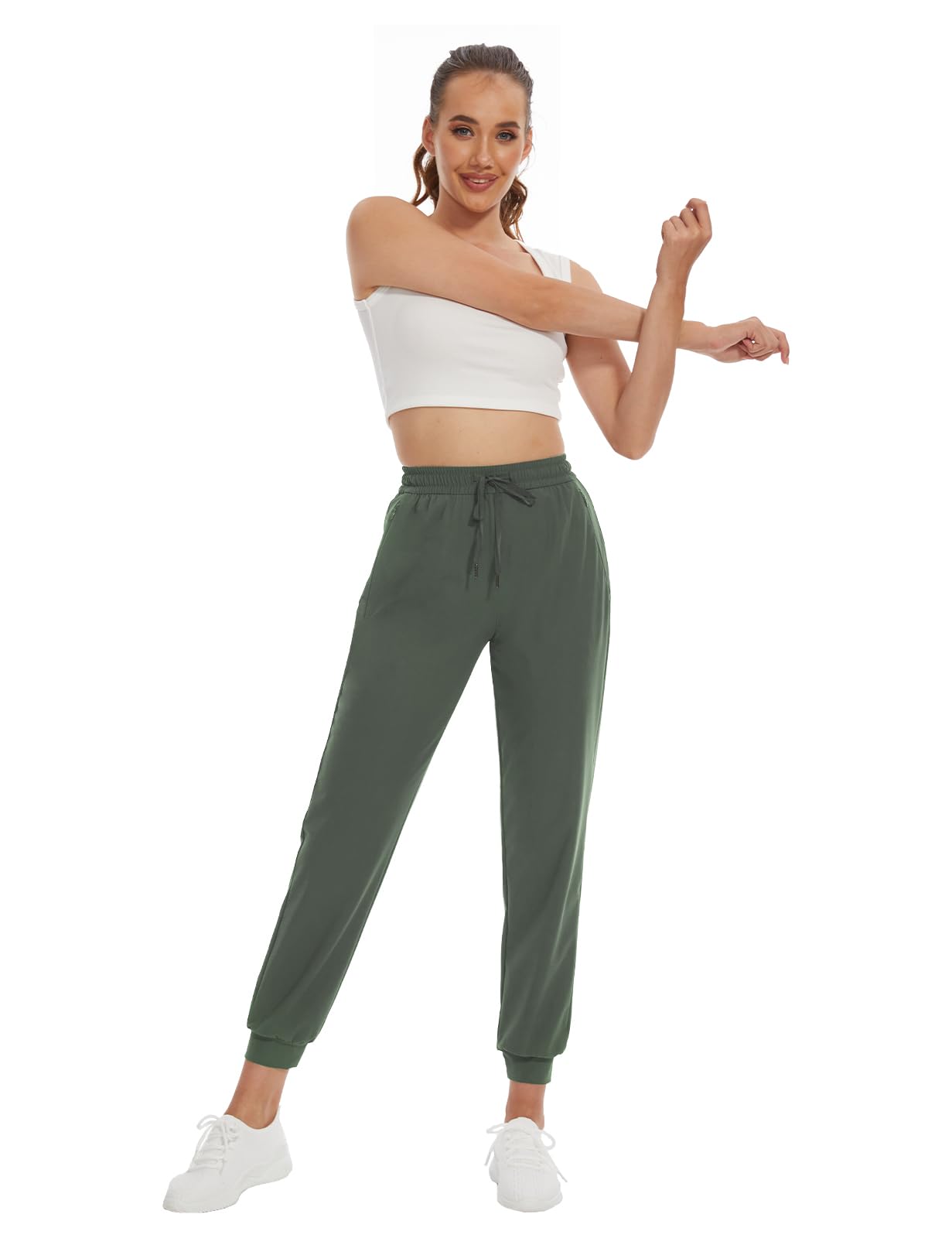 SEVEGO Women's 34" Tall Inseam Joggers Lightweight Sweatpants Zipper Pockets Athletic Workout Lounge Pants Army Green, L