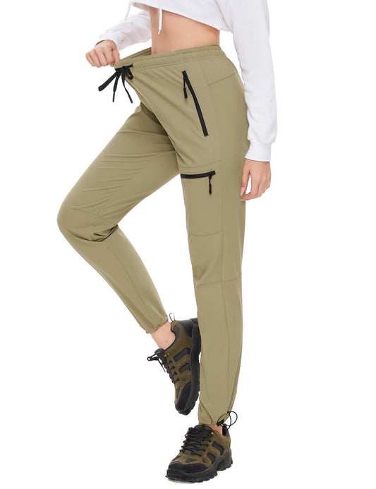 SEVEGO Womens Hiking Pants Tall Inseam 34" Athletic Cargo Pants Lightweight 4 Zipper Pockets Water Resistant Elastic Waist, Khaki, S