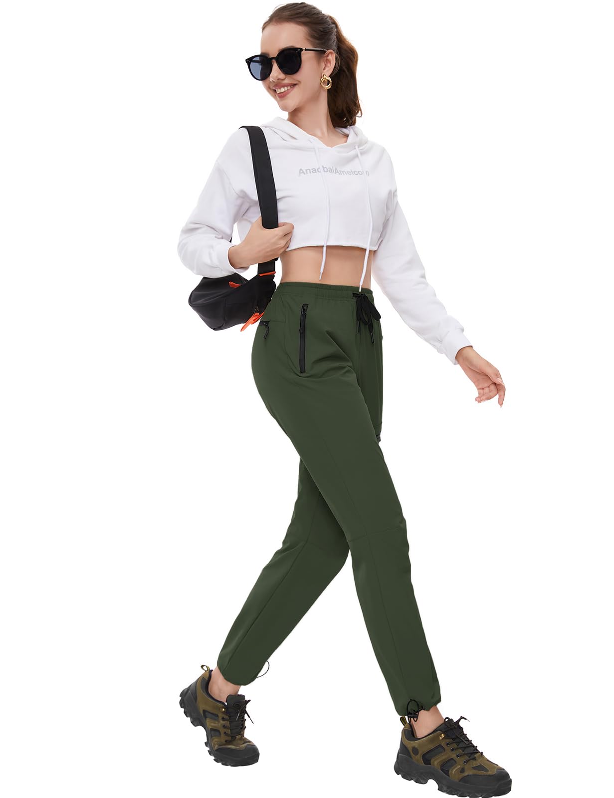 SEVEGO Womens Hiking Pants Tall Inseam 34" Athletic Cargo Pants Lightweight 4 Zipper Pockets Water Resistant Elastic Waist, Green, M