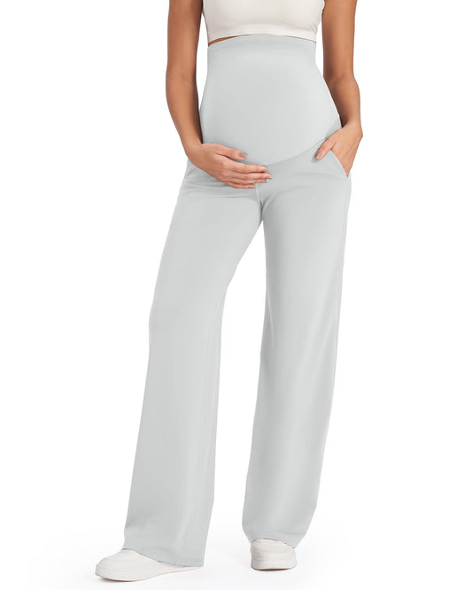 G4Free Maternity Pants for Work High Waist Straight Palazzo Pants with Pockets for Athletic Yoga (Light Gray,XL,32")