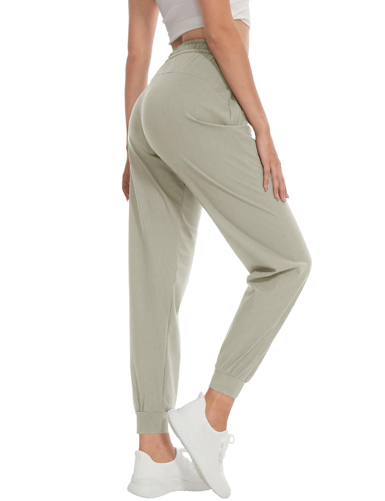 SEVEGO Women's 34" Tall Inseam Joggers Lightweight Sweatpants Zipper Pockets Athletic Workout Lounge Pants Khaki, L