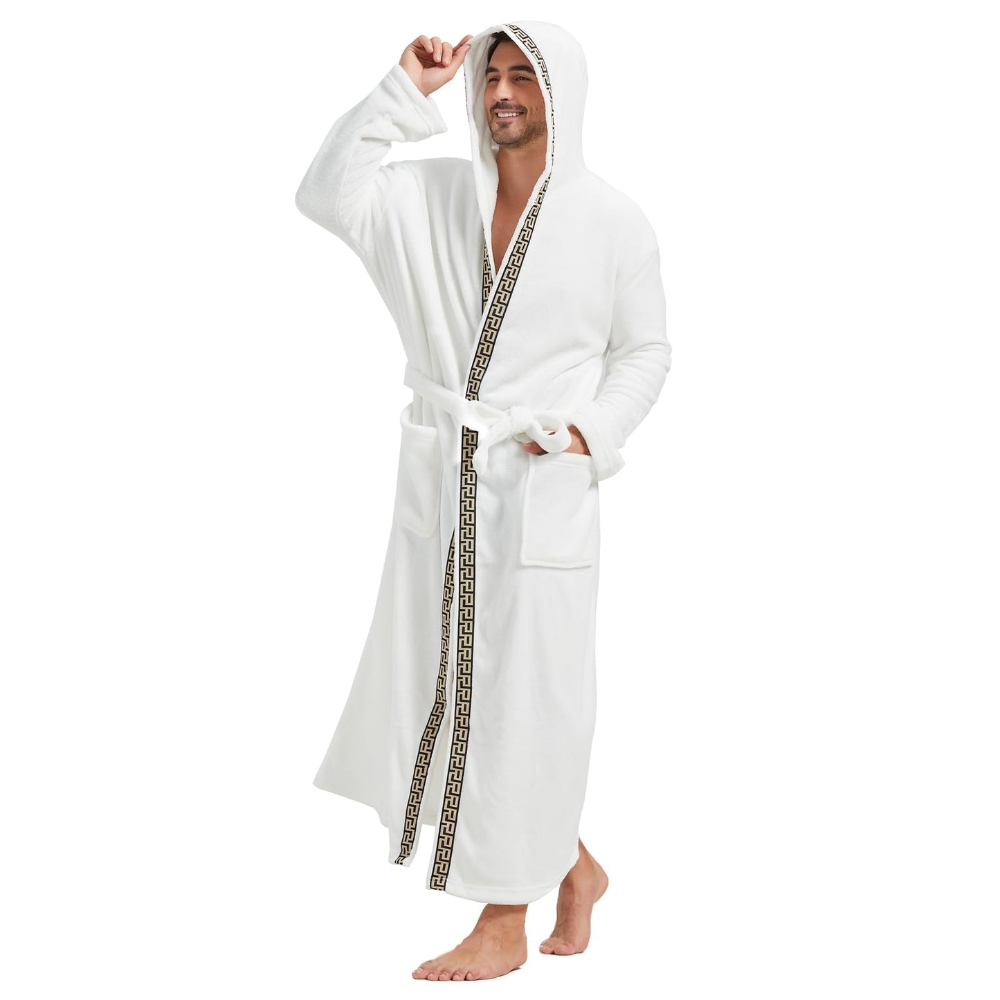 FashGudim Men's Hooded Plush Robe with Black Trim Full Length Plush Long Robe for Men Big and Tall Warm Fleece Bathrobes House Robes (White & Black Trim, L/XL)