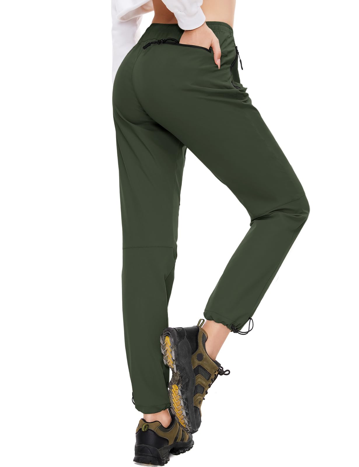 SEVEGO Womens Hiking Pants Tall Inseam 34" Athletic Cargo Pants Lightweight 4 Zipper Pockets Water Resistant Elastic Waist, Green, L