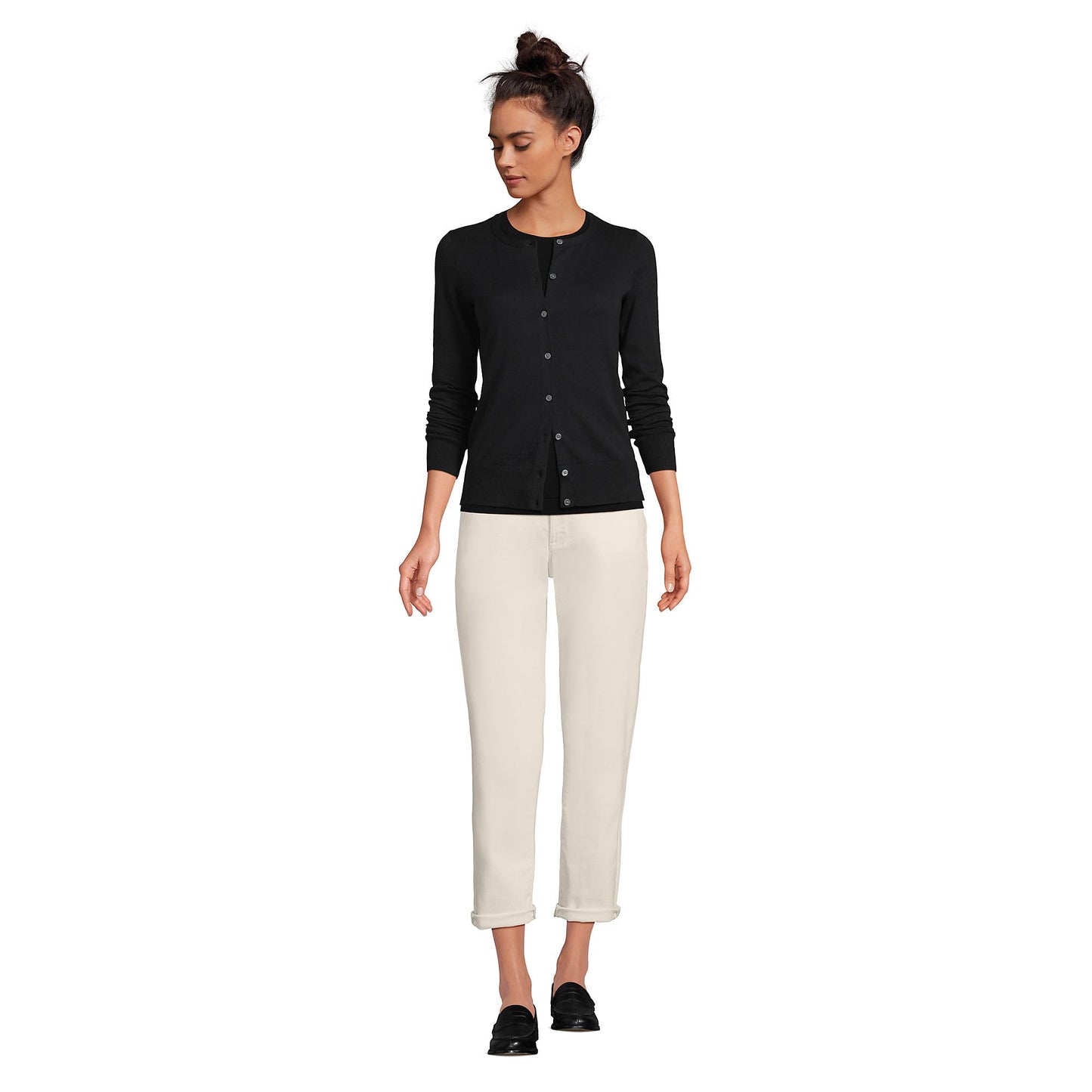 Lands' End Womens FG Cotton Cardigan Sweater Black Tall Medium