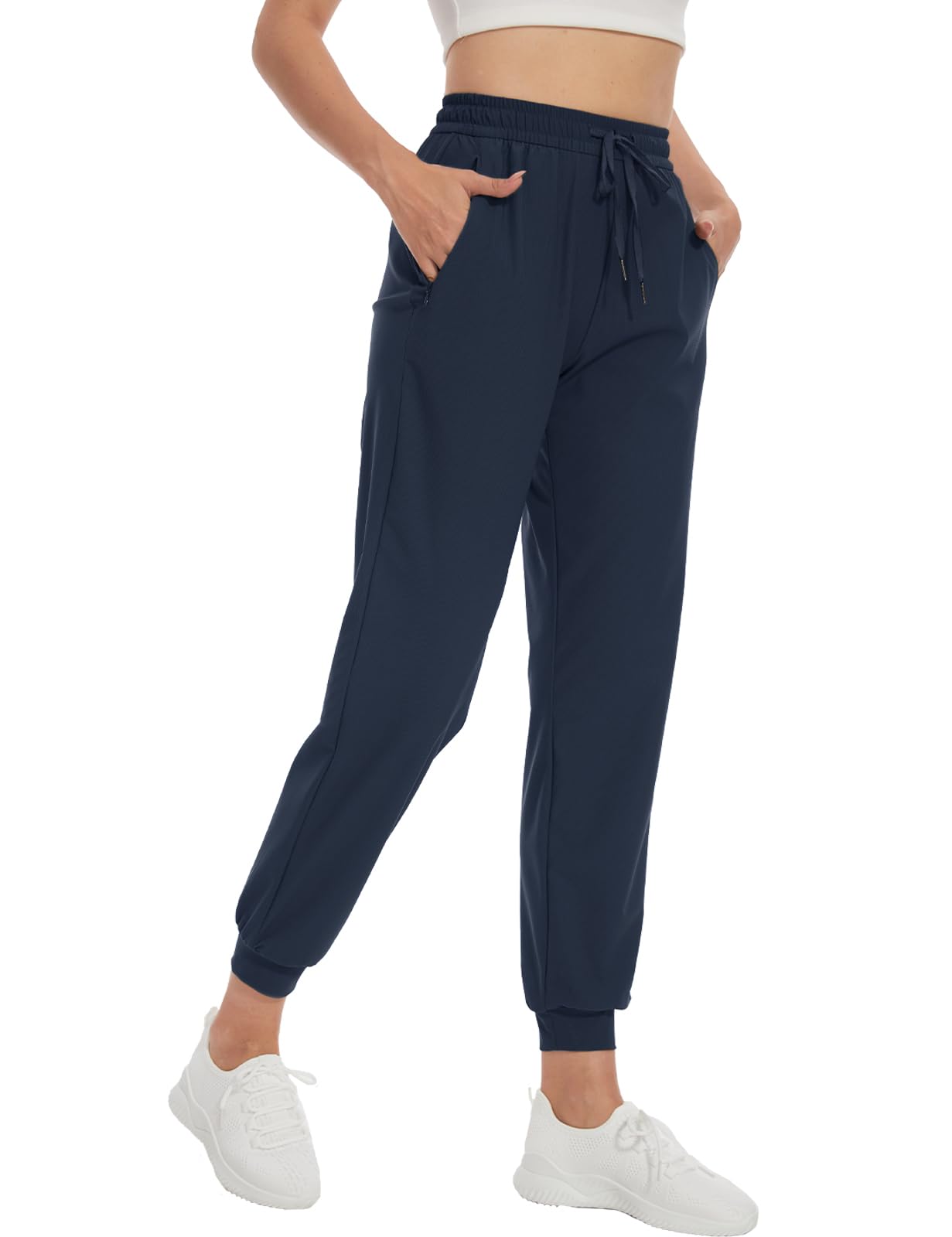 SEVEGO Women 36" Tall Inseam Joggers Lightweight Sweatpants Zipper Pockets Athletic Workout Lounge Pants Navy Blue, XXL