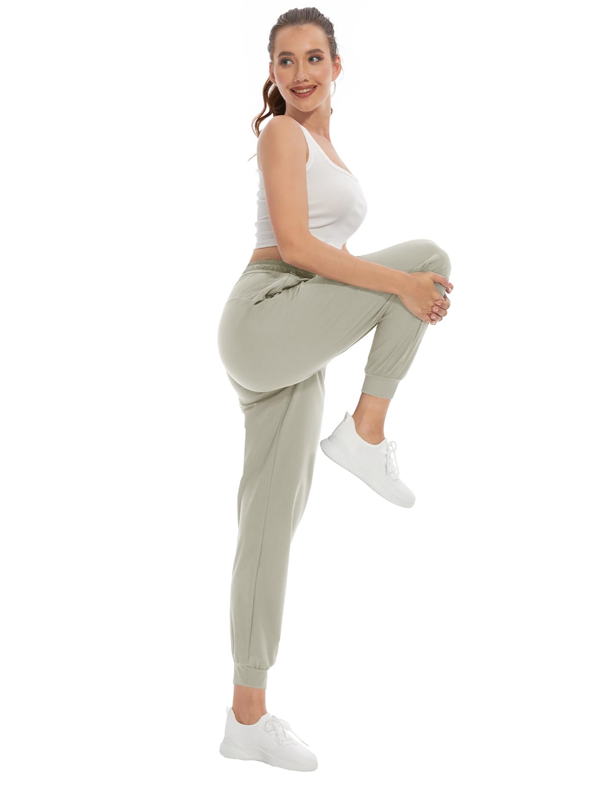 SEVEGO Women's 34" Tall Inseam Joggers Lightweight Sweatpants Zipper Pockets Athletic Workout Lounge Pants Khaki, S