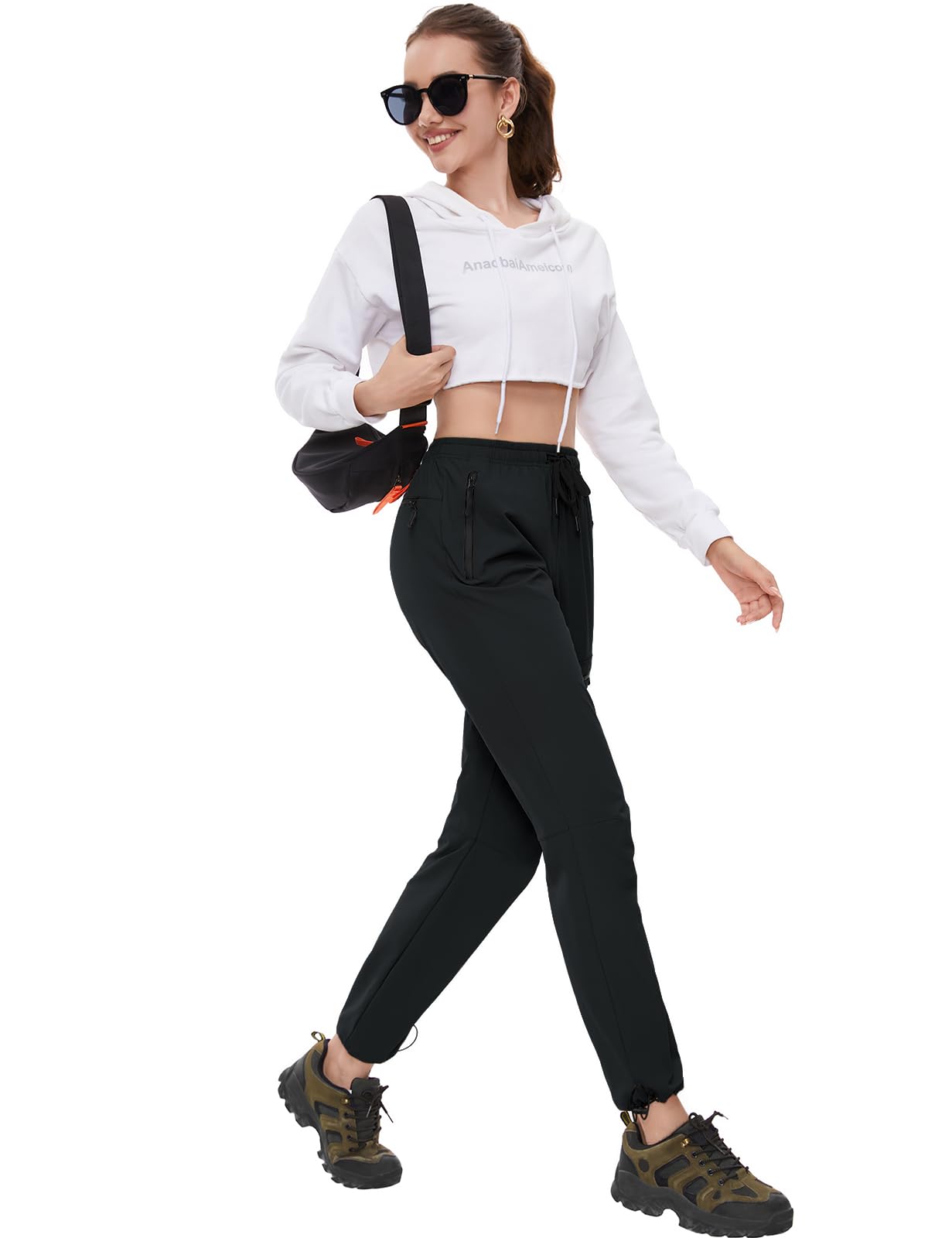 SEVEGO Womens Hiking Pants Tall Inseam 34" Athletic Cargo Pants Lightweight 4 Zipper Pockets Water Resistant Elastic Waist, Black, XS
