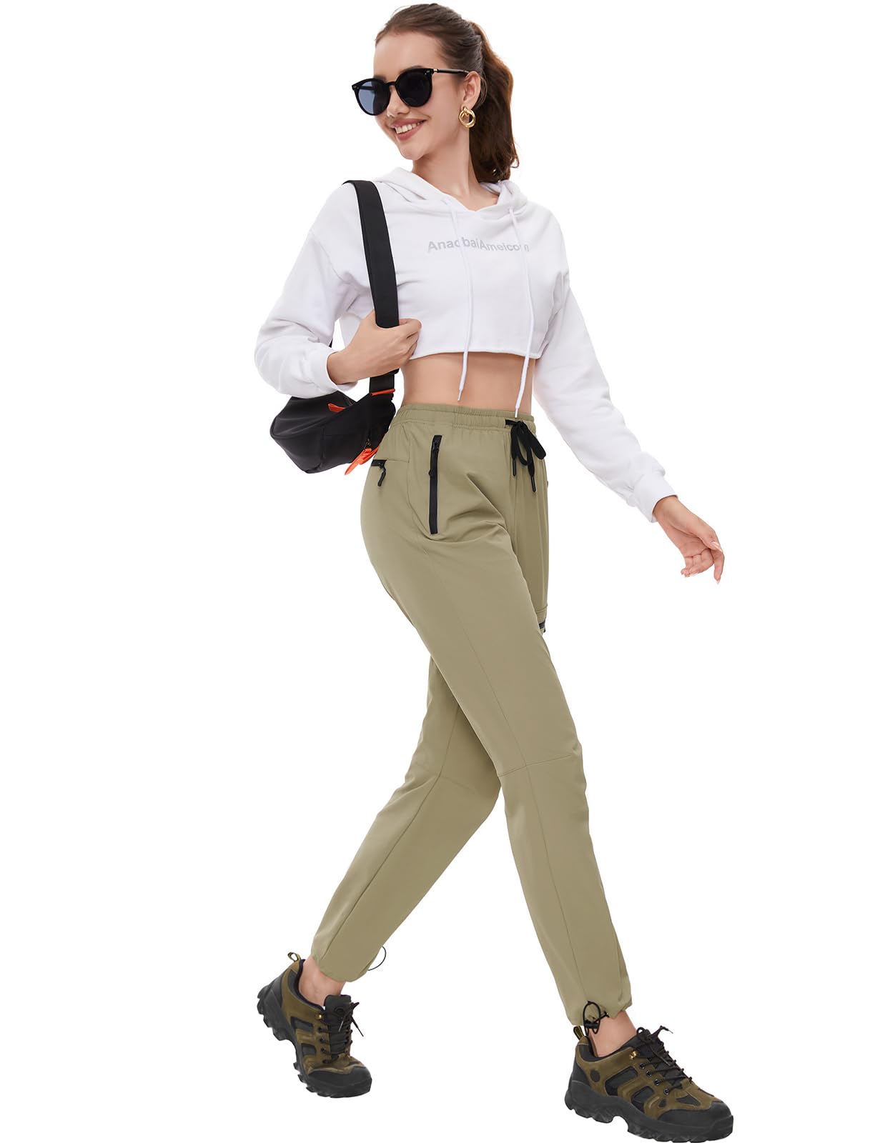 SEVEGO Womens Hiking Pants Tall Inseam 34" Athletic Cargo Pants Lightweight 4 Zipper Pockets Water Resistant Elastic Waist, Khaki, XL