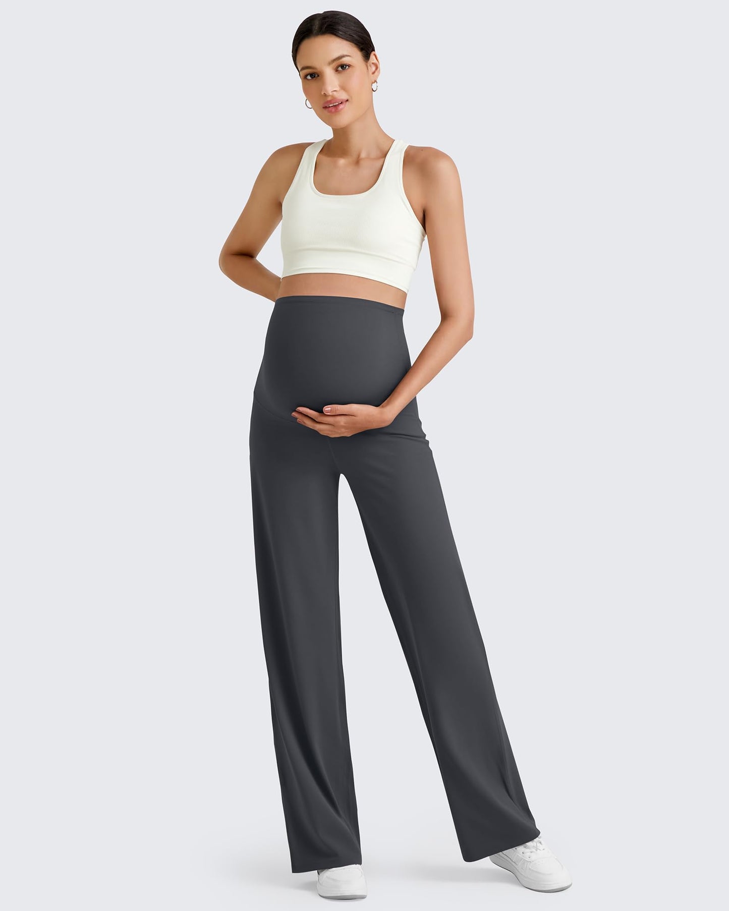 G4Free Woman Maternity Pants for Work Stretchy Yoga Trousers High Waist Athletic Pregnancy Pajama Pants Straight Leg Outfits(Dark Gray,XS,34")