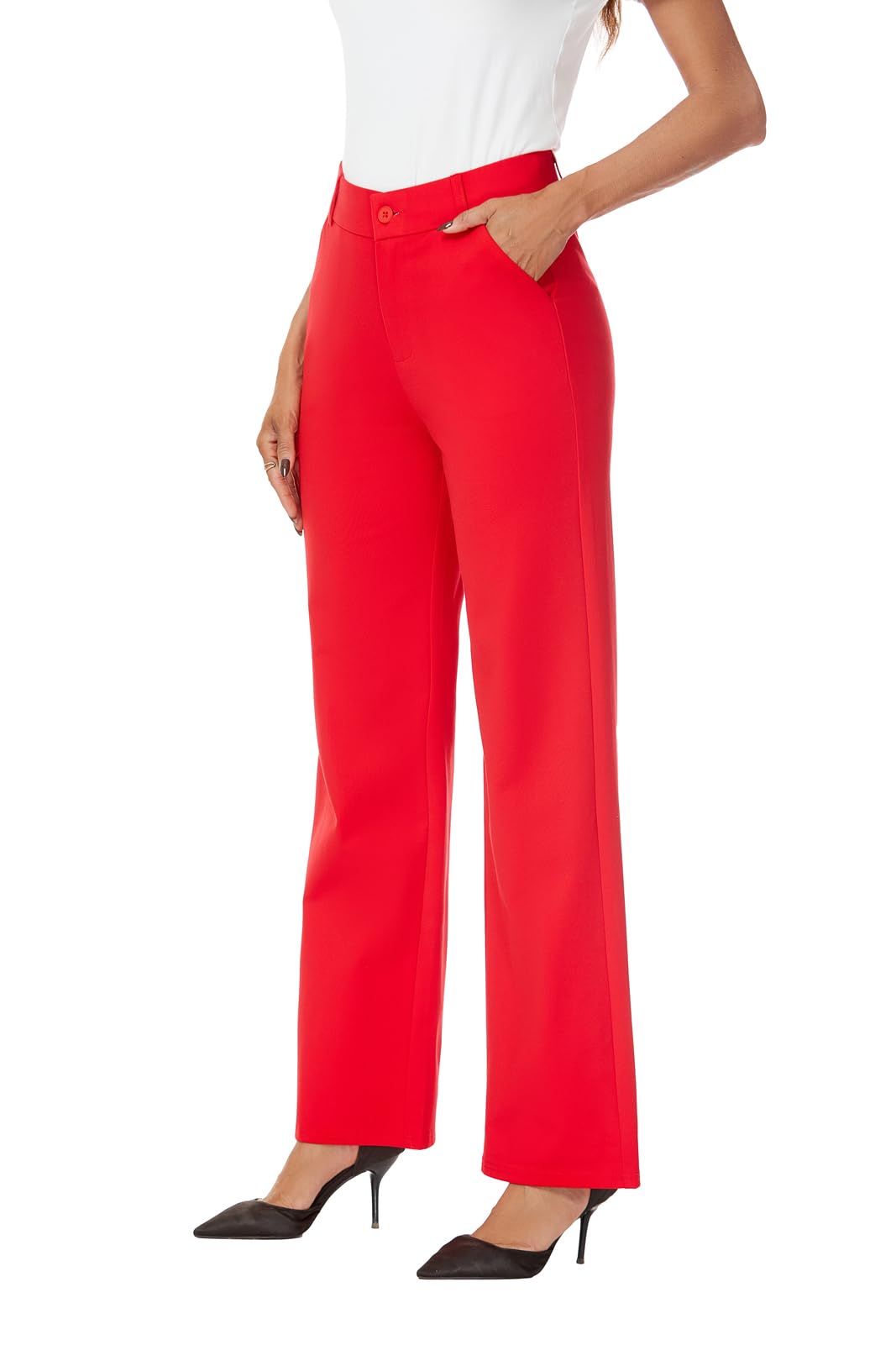 iChosy Womens High Waist Wide Straight Leg Trousers Casual Slacks Dress Pants with Pockets Red 18 Tall