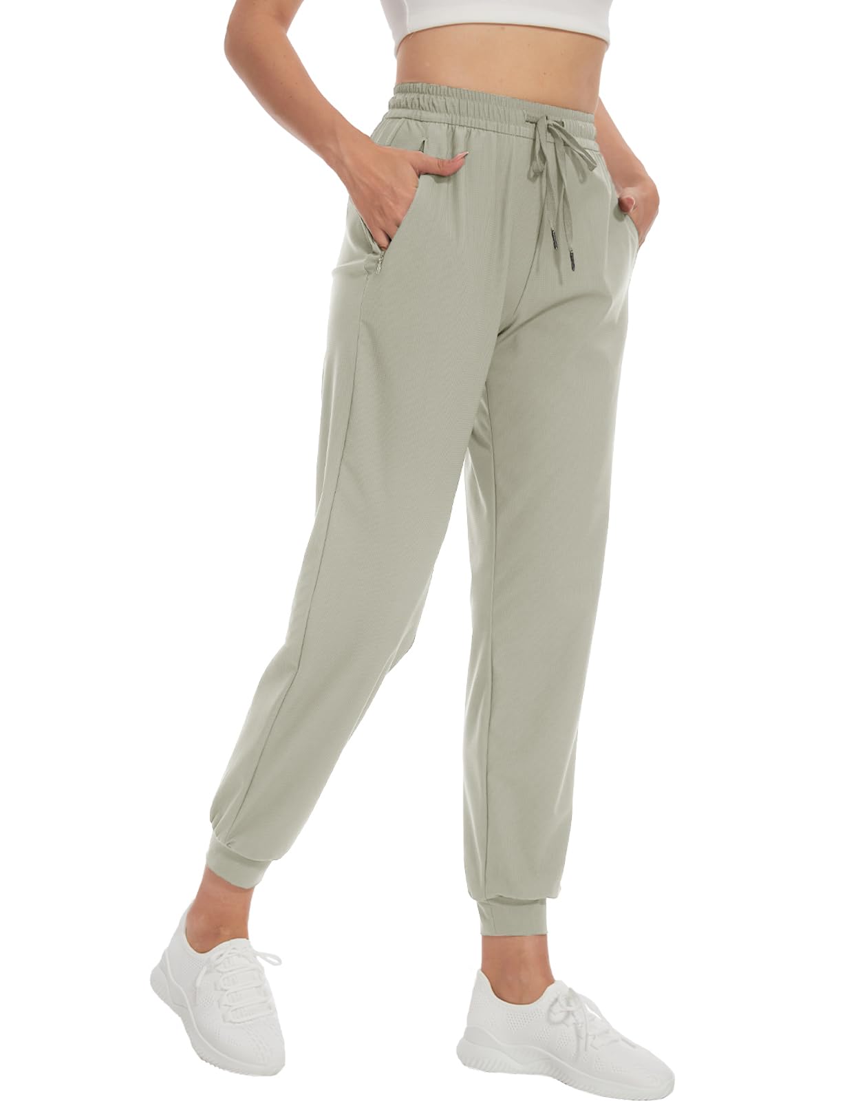 SEVEGO Women's 34" Tall Inseam Joggers Lightweight Sweatpants Zipper Pockets Athletic Workout Lounge Pants Khaki, S