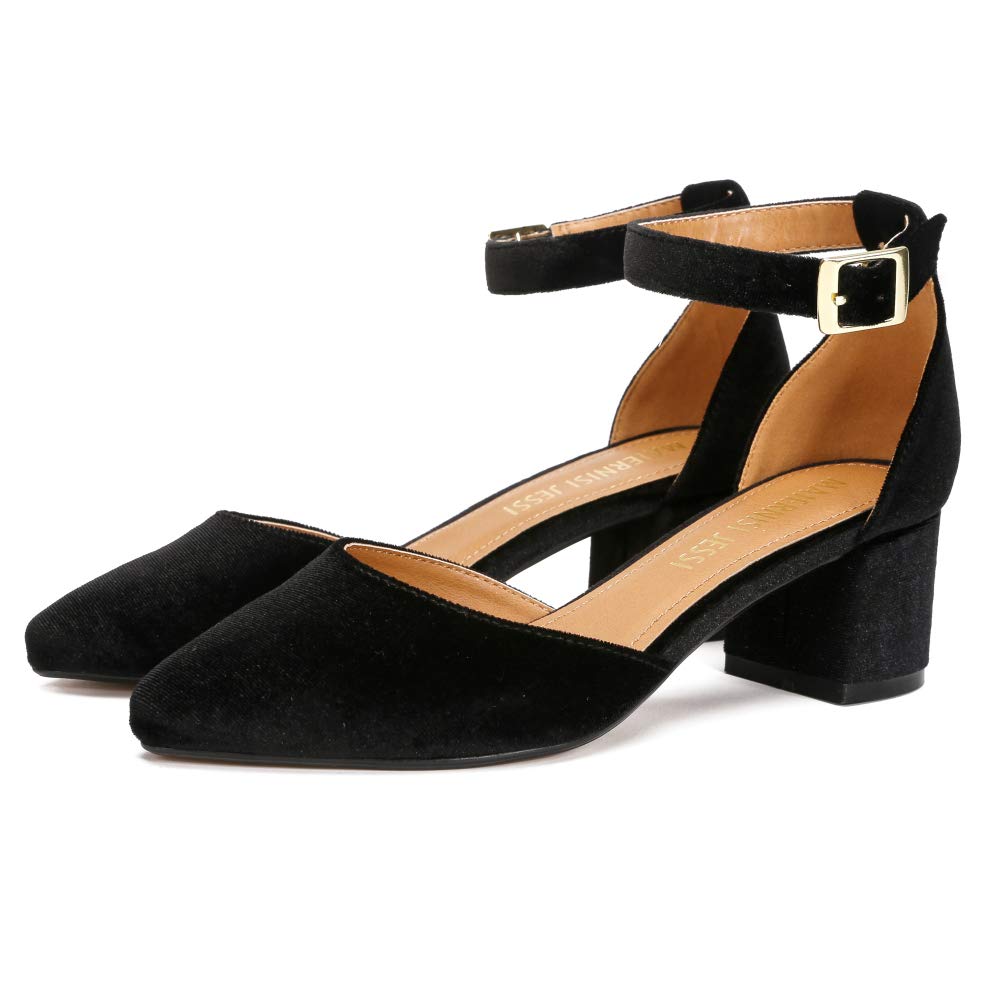 MAIERNISI JESSI Unisex Men's Women's Pumps Ankle Strap D-Orsay Pointed Toe Chunky Heel Velvet Black EU47 - US 15 Women/13.5 Men