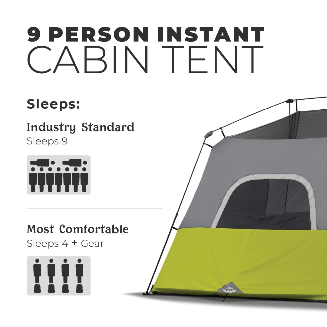 CORE 9 Person Instant Cabin Tent | Large Multi Room Family Pop Up Tent for 2 Minute Camp Setup | Included Storage Pockets for Camping Accessories