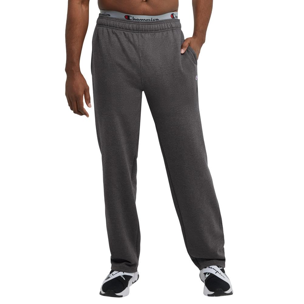 Champion Men's Open-Bottom Fleece Sweatpants, Standard Fit, Midweight, Available in Regular and Big, Granite Heather-C Patch Logo, Large Tall