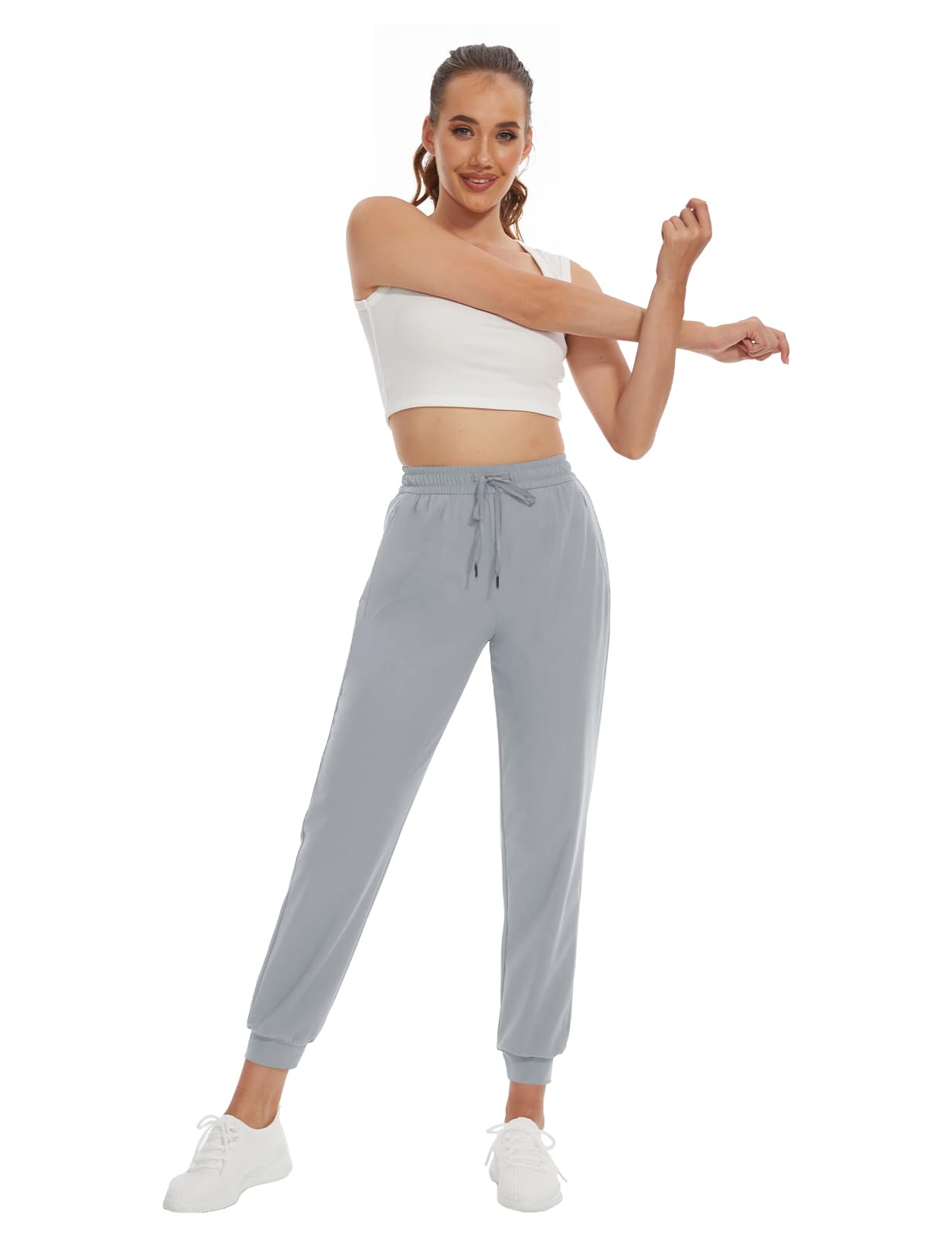 SEVEGO Women 34" Tall Inseam Joggers Lightweight Sweatpants Zipper Pockets Athletic Workout Lounge Pants Light Gray, XL