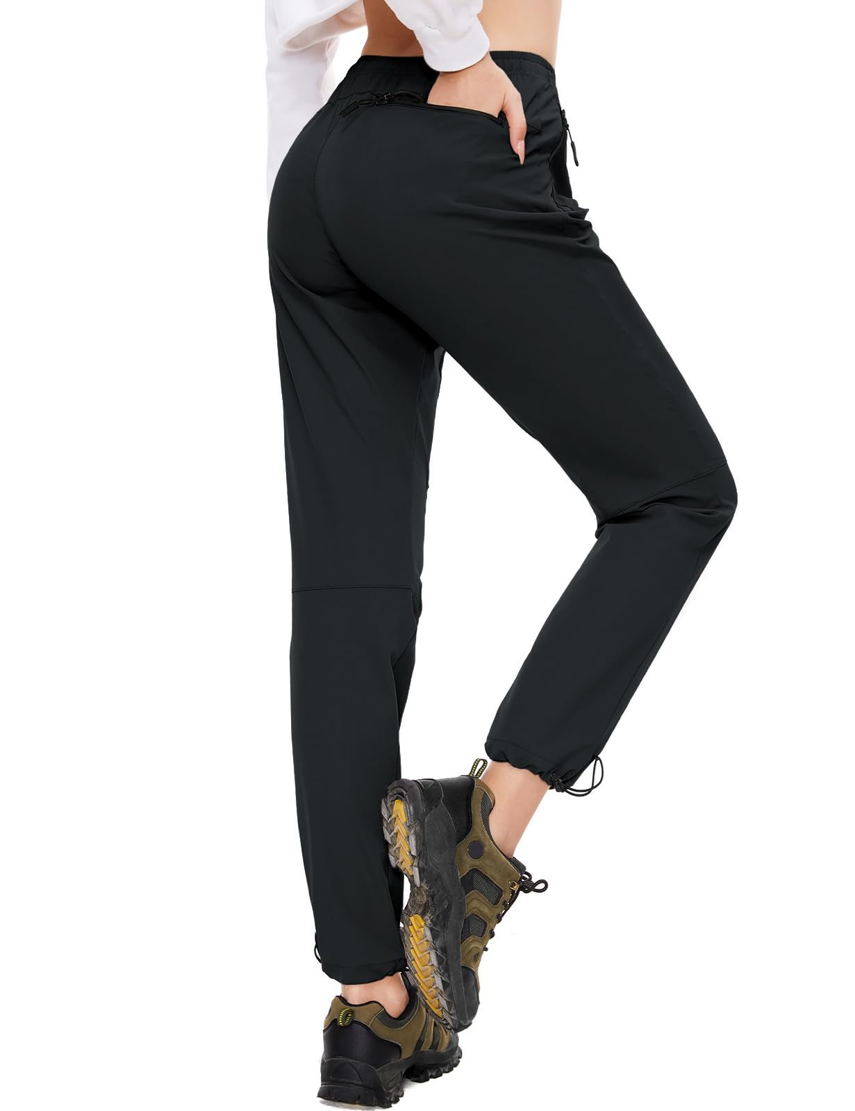 SEVEGO Womens Hiking Pants Tall Inseam 34" Athletic Cargo Pants Lightweight 4 Zipper Pockets Water Resistant Elastic Waist, Black, XS
