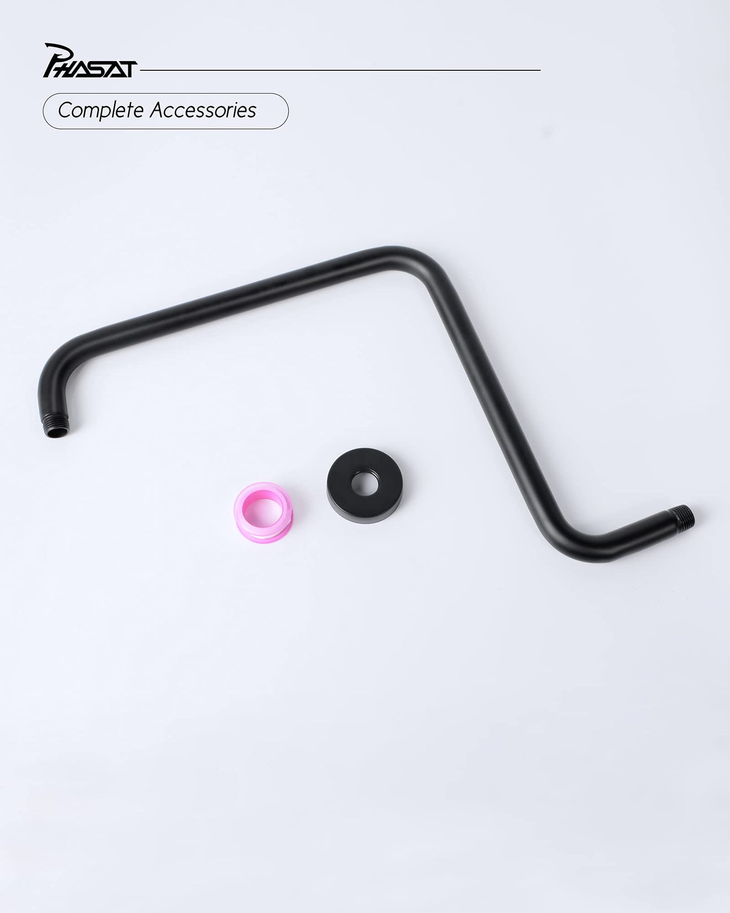 PHASAT 16 Inches Black Shower Head Arm,S Shaped Shower Arm with Flange,High Rise Shower Head Extension Matte Black,PU9H02