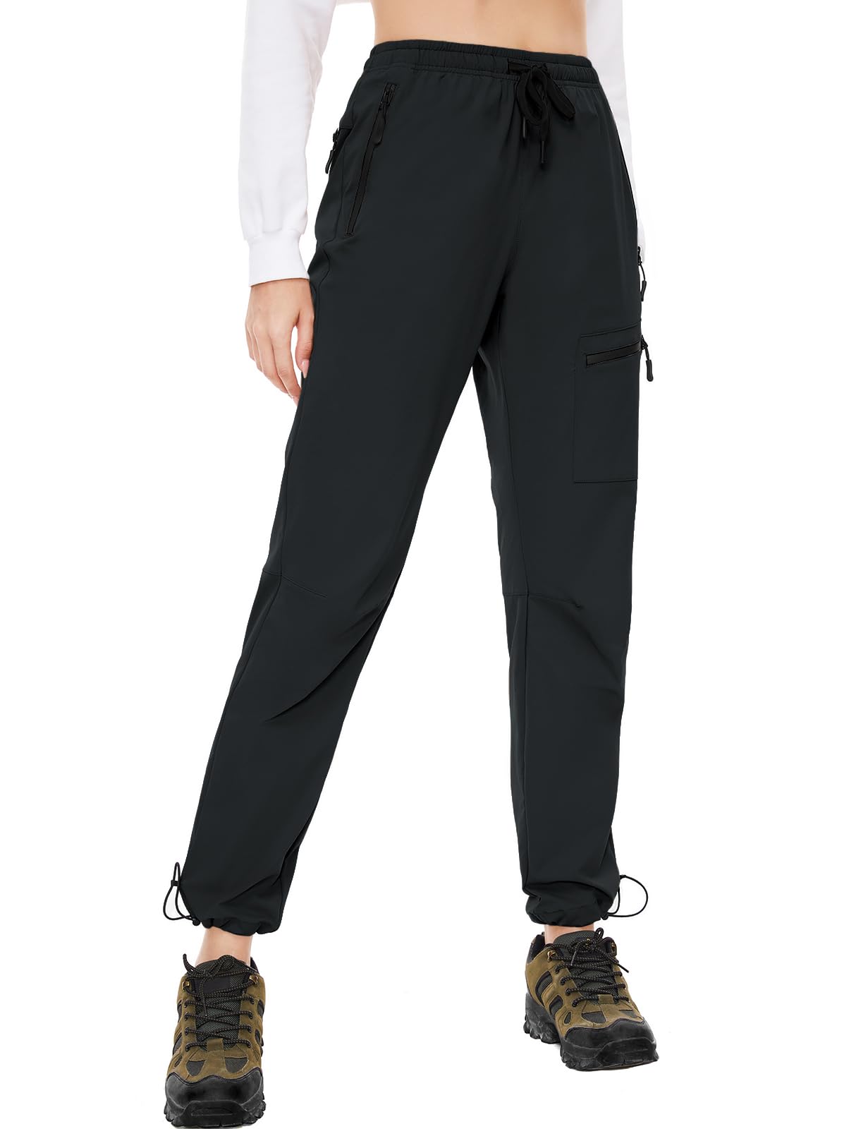 SEVEGO Womens Hiking Pants Tall Inseam 36" Athletic Cargo Pants Lightweight 4 Zipper Pockets Water Resistant Elastic Waist, Black, L
