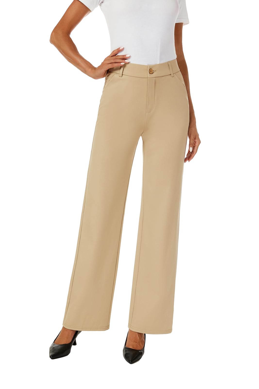iChosy Womens High Waist Wide Straight Leg Trousers Casual Slacks Dress Pants with Pockets Khaki 10 ExtraTall