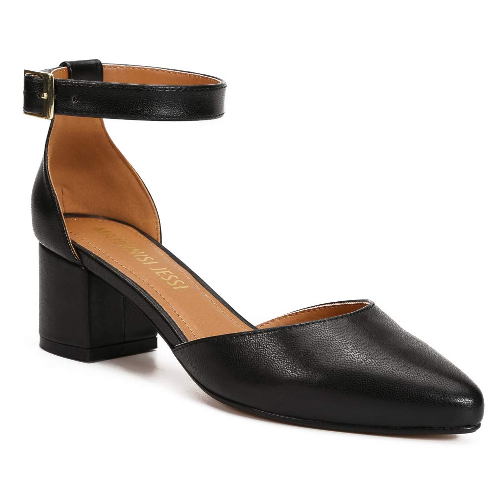 MAIERNISI JESSI Unisex Men's Women's Pumps Ankle Strap D-Orsay Pointed Toe Chunky Heel Matt Black EU45 - US 13 Women/11.5 Men