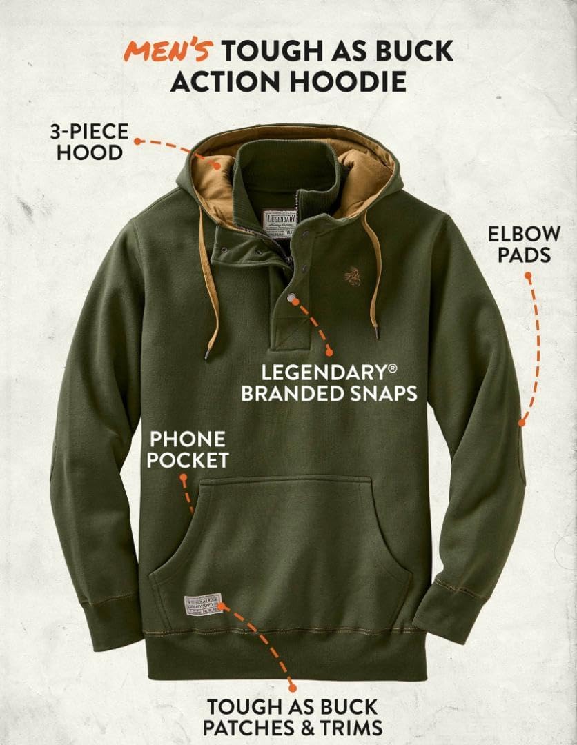 Legendary Whitetails Men's Tall Size Tough As Buck 1/4 Zip Action Hoodie, Loden, X-Large